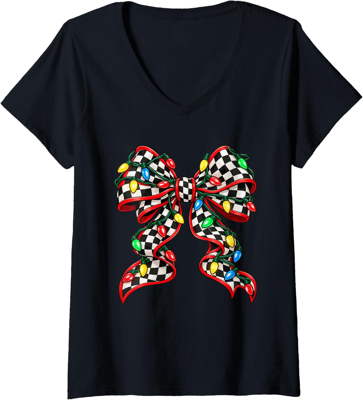 Women's Christmas Racing Bow Checker Flag String Lights Race Fan V-Neck T-Shirt - Black