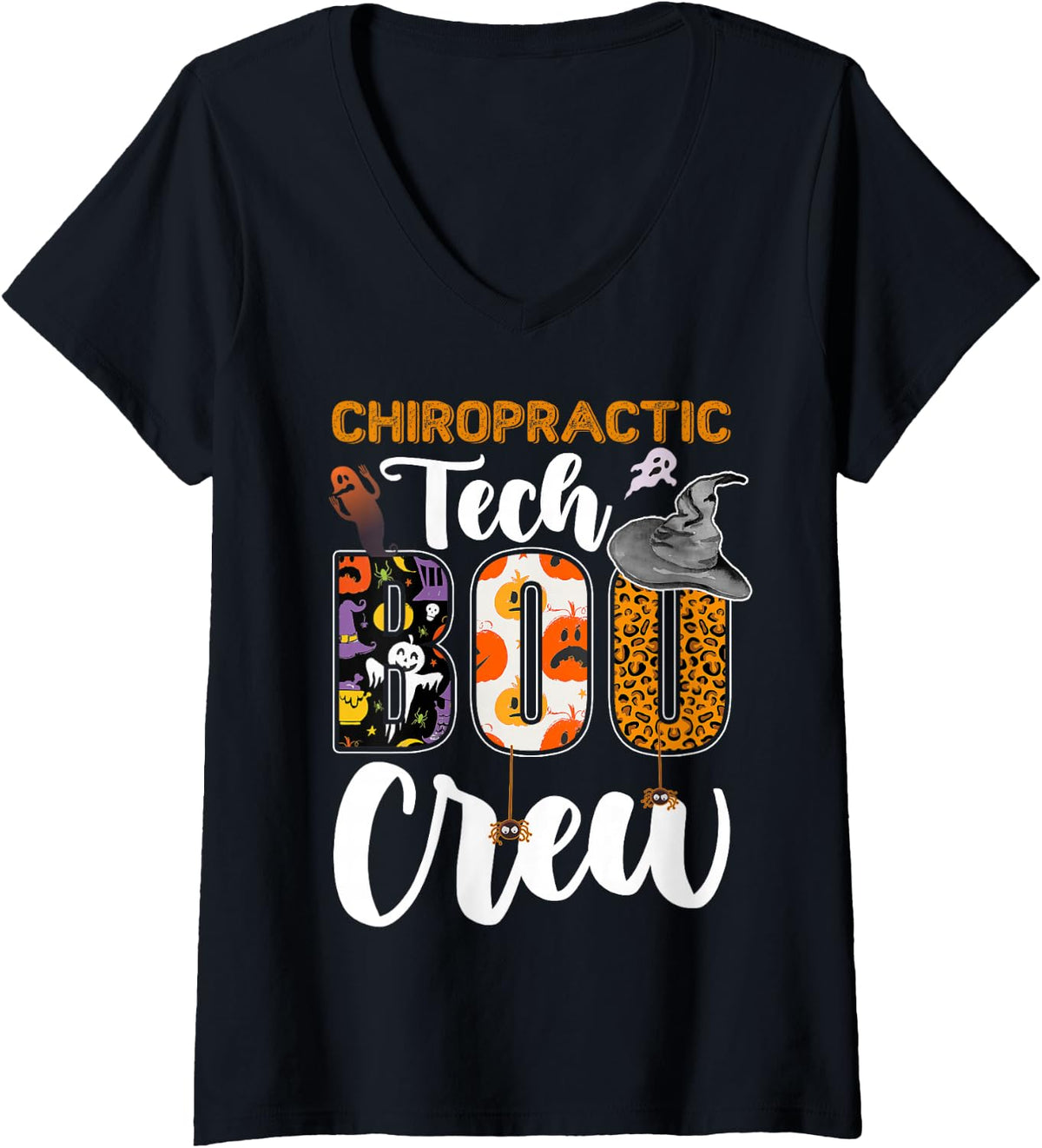 Women's Chiropractic Tech Boo Crew Halloween Costume Matching V-Neck T-Shirt - Black