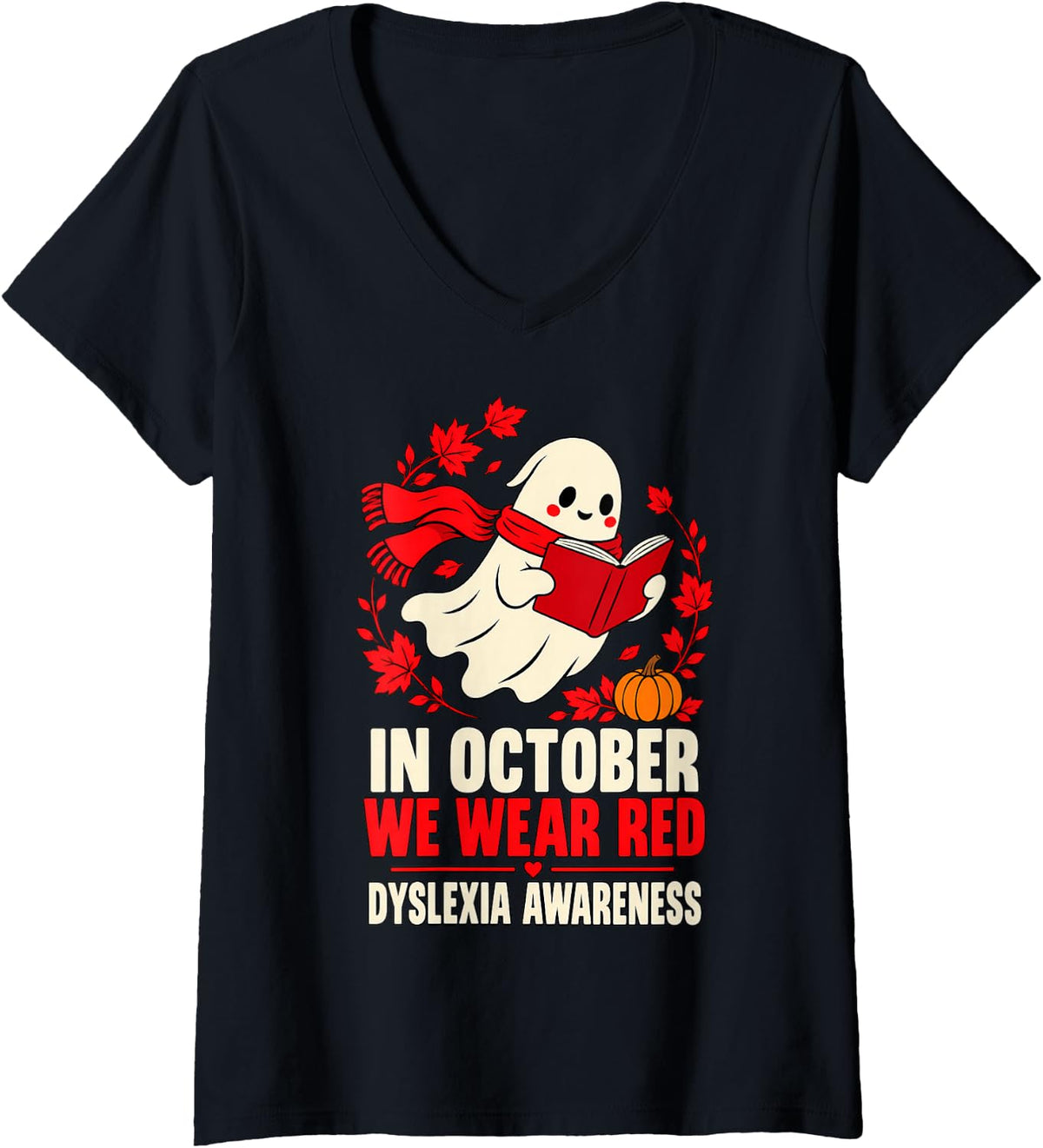 Women's in October We Wear Red Dyslexia Awareness Reading Ghost V-Neck T-Shirt - Black