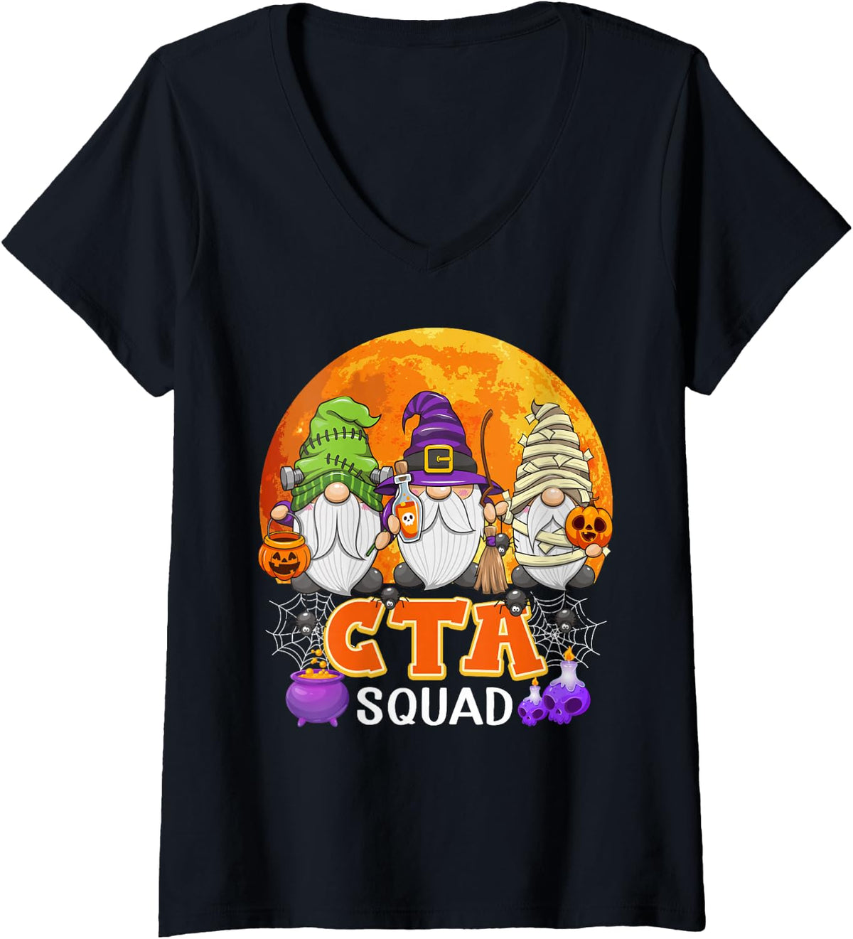 Women's CTA Squad Halloween Chiropractic Therapy Gnome Matching V-Neck T-Shirt - Black