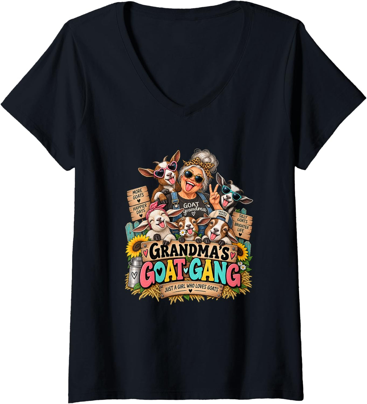 Women's Grandma's Goat Gang Funny Lover Farm Grandmother V-Neck T-Shirt - Black