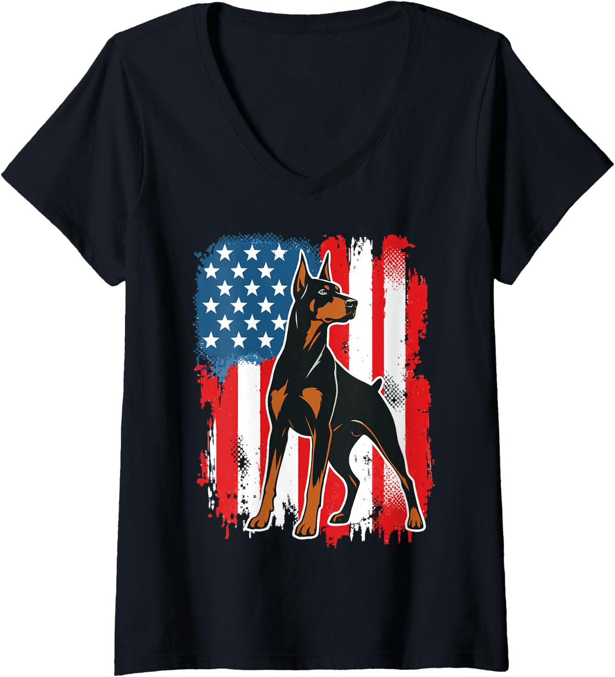 Women's American Flag Doberman Mom Dad Doberman Pinscher V-Neck T-Shirt - Black