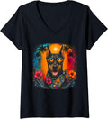Women's Doberman Pinscher Beach Tropical Summer Sunset Sunglasses V-Neck T-Shirt - Black
