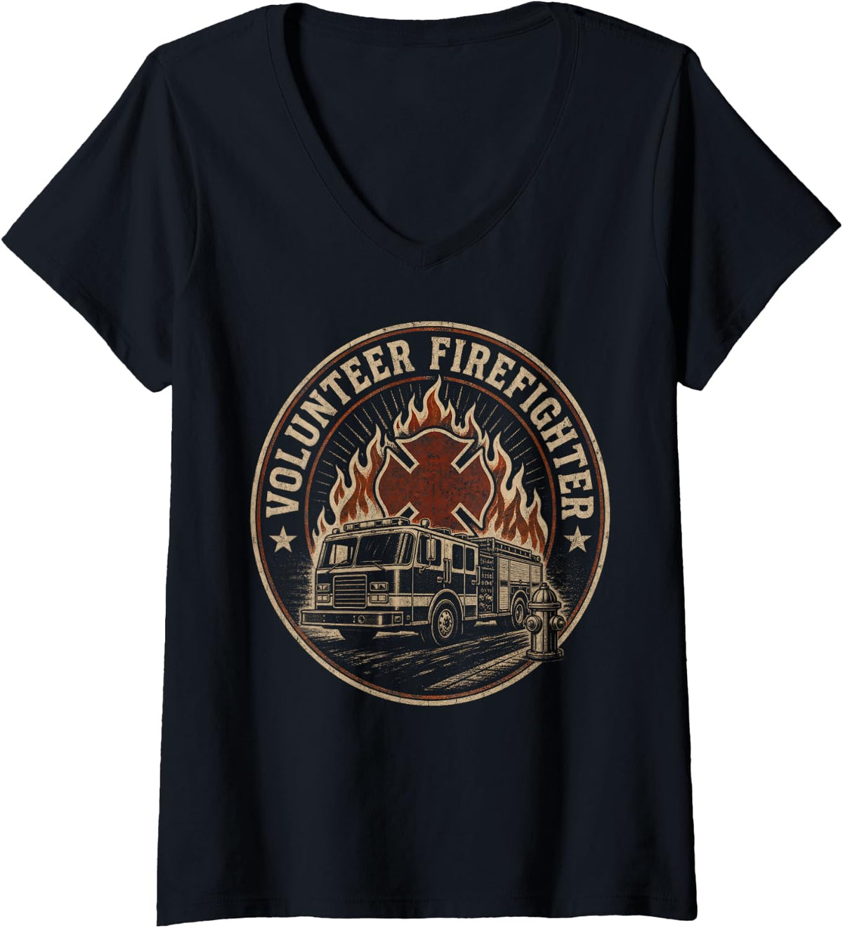 Women's Volunteer Firefighter Maltese Cross Engine V-Neck T-Shirt - Black