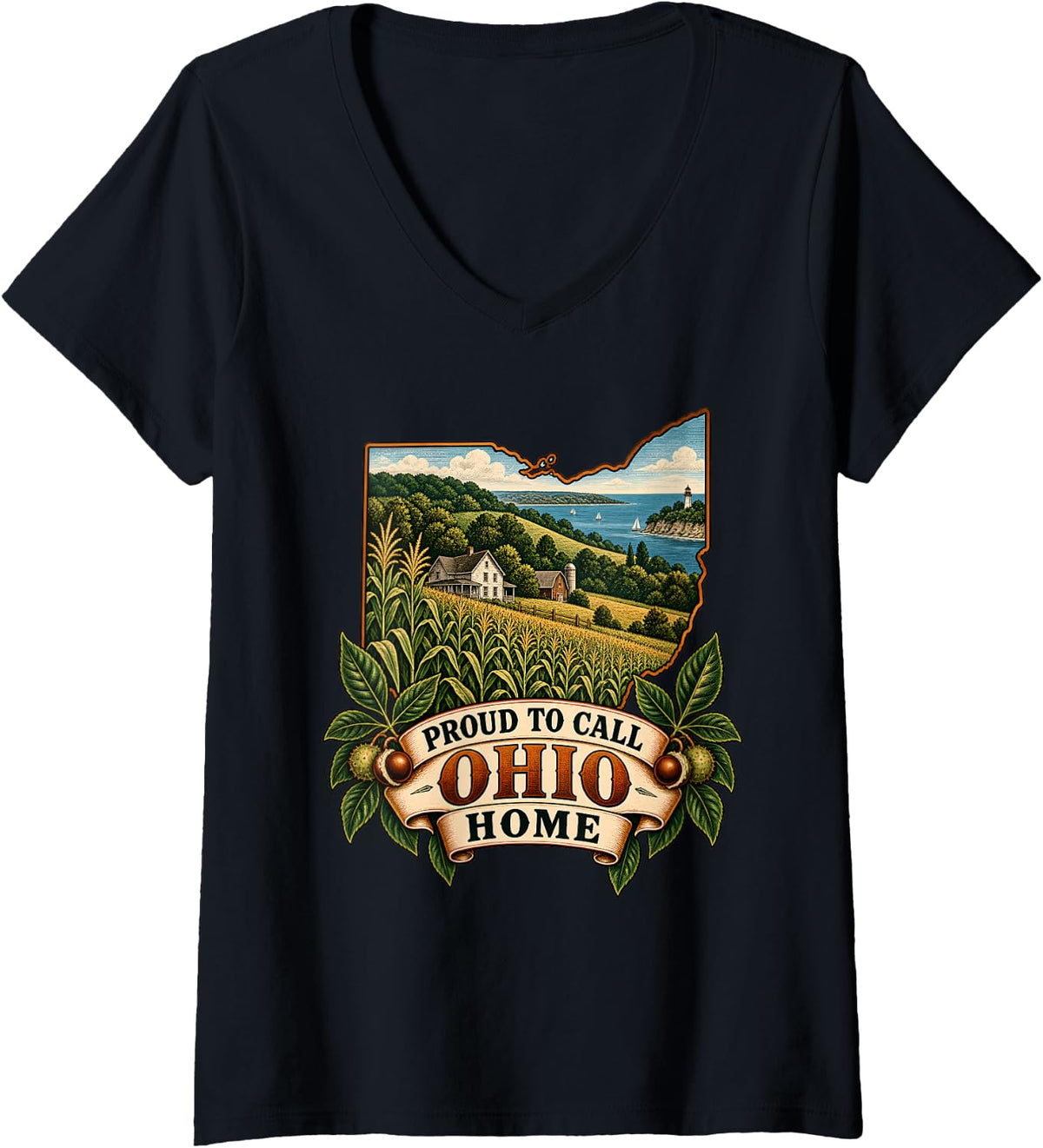 Women's Proud to Call Ohio Home Lake Erie Farmland State Pride V-Neck T-Shirt - Black