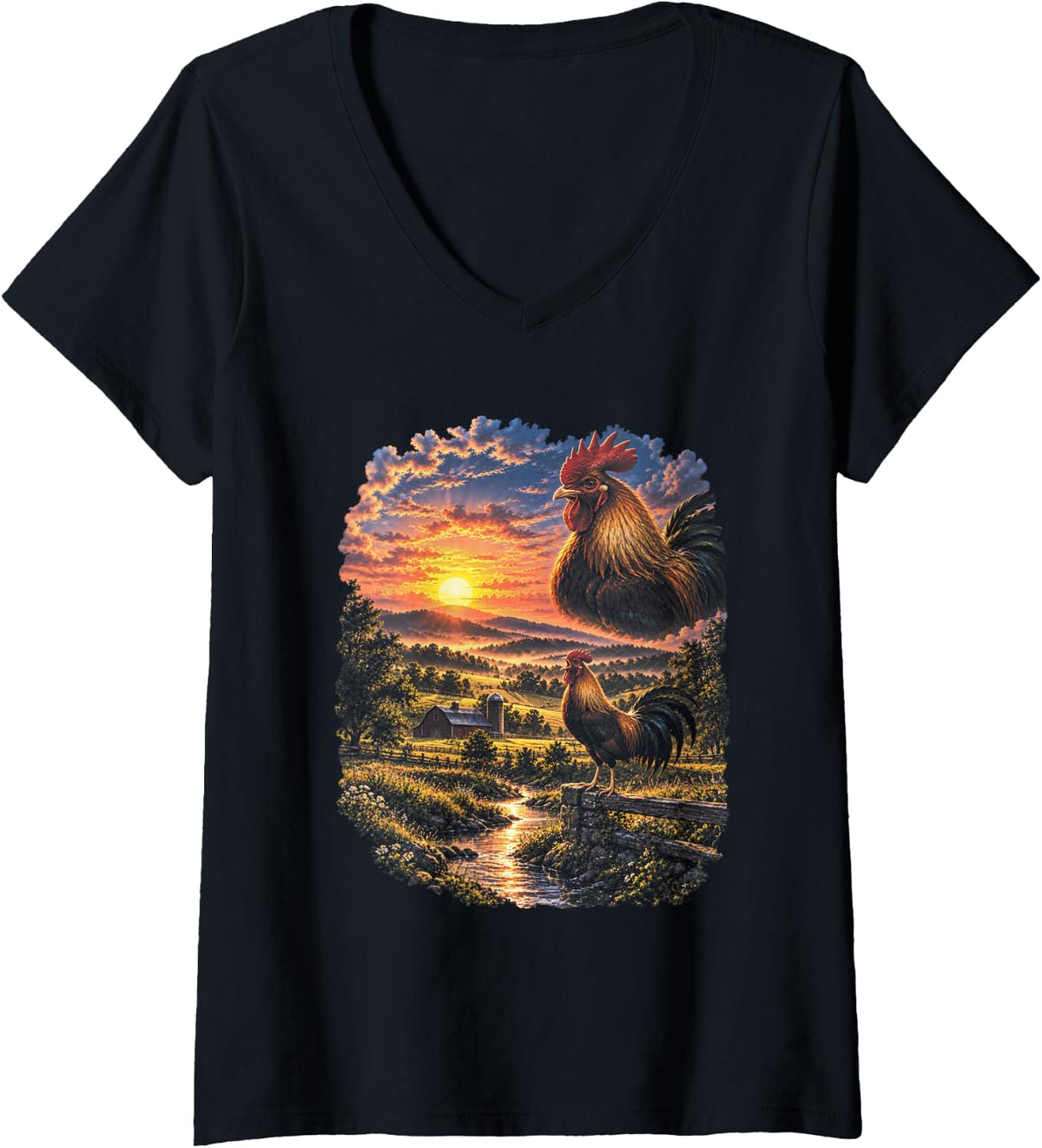 Women's Country Rooster Sunrise Farmhouse Farm Chicken 90s Retro V-Neck T-Shirt - Black