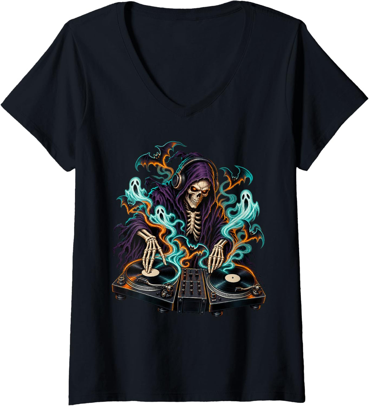 Women's Grim Reaper DJ Turntable Halloween Spooky Horror V-Neck T-Shirt - Black