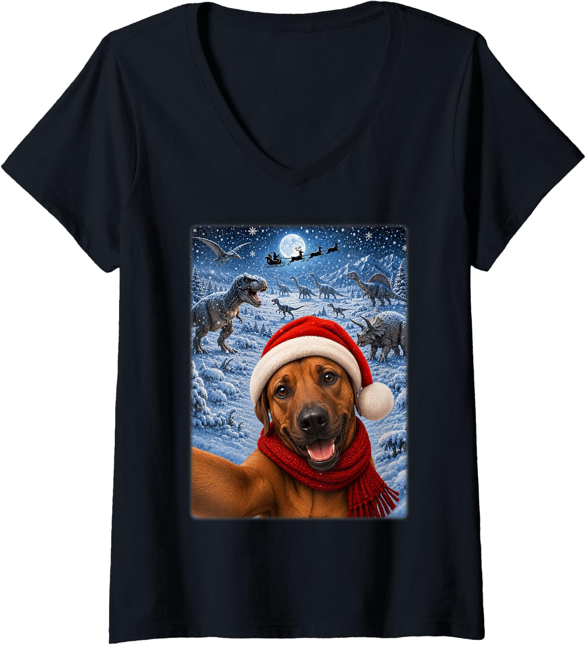 Women's Rhodesian Ridgeback Dog Christmas Moon Night Dinosaurs Xmas V-Neck T-Shirt - Black