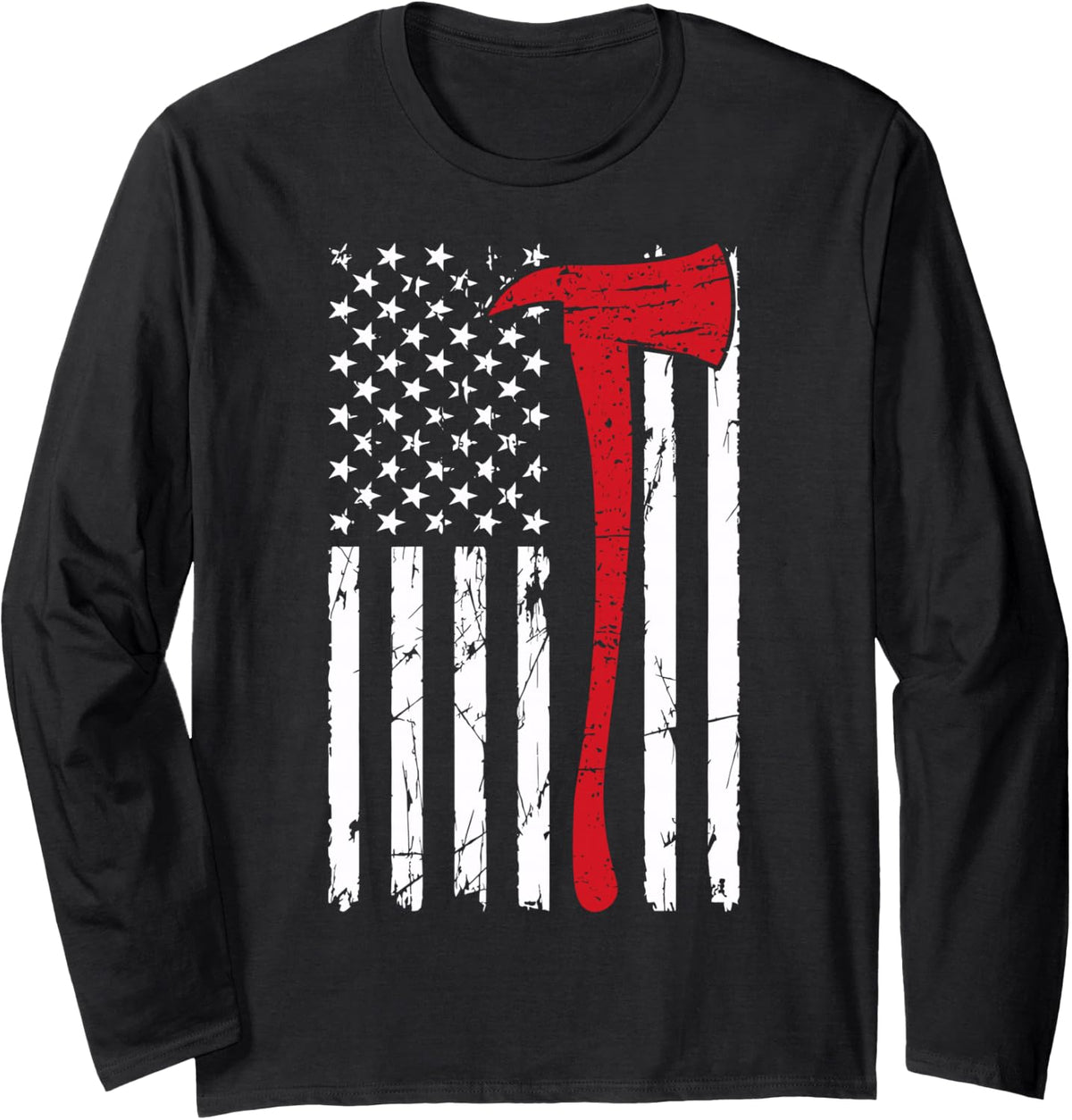 Wildland Firefighter Axe American Flag Thin Red Line Fireman Long Sleeve T-Shirt - Adult Unisex Black
