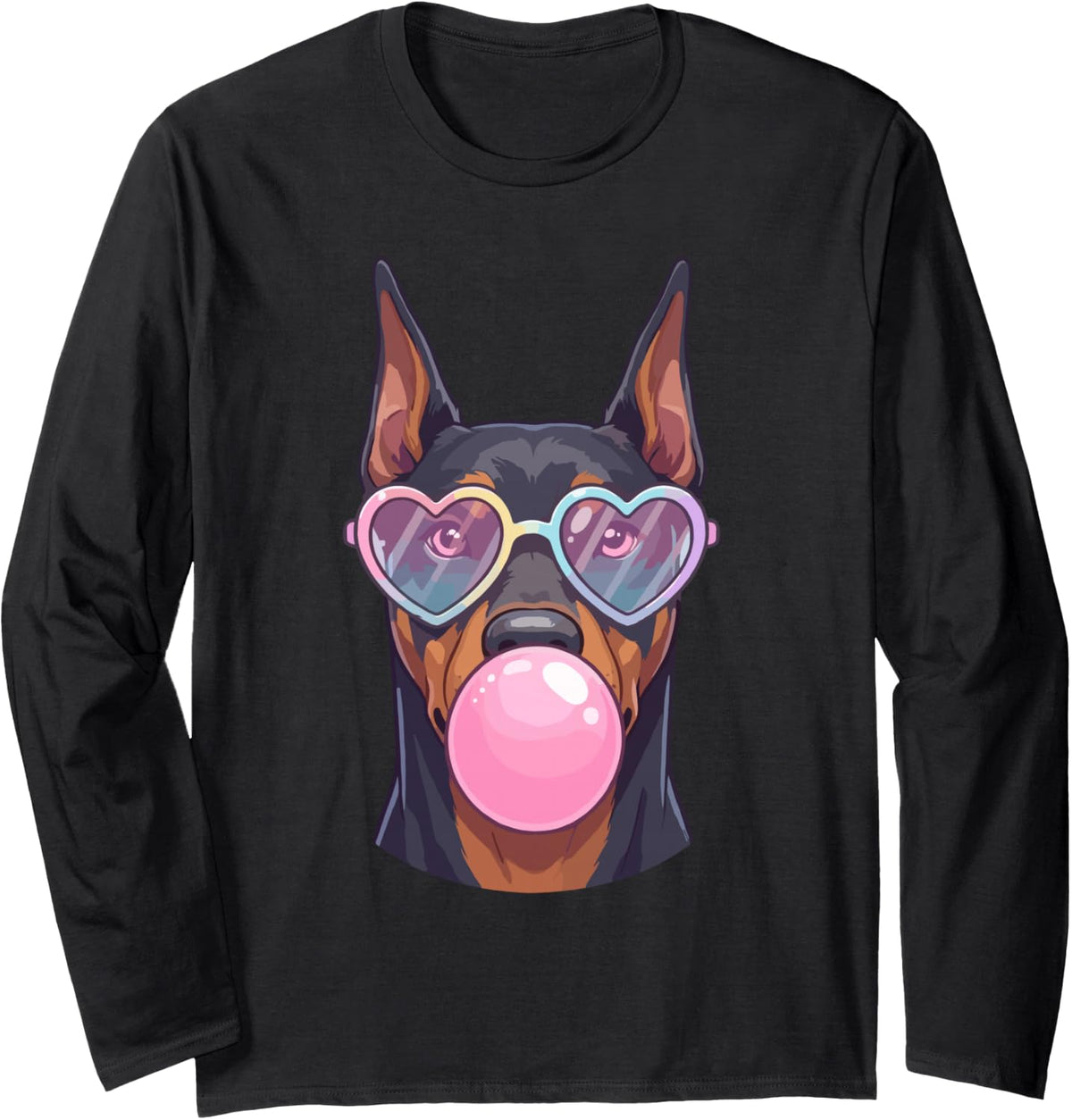 Doberman Pinscher Dog Blowing Bubble Gum Pink Sunglasses Long Sleeve T-Shirt - Adult Unisex Black