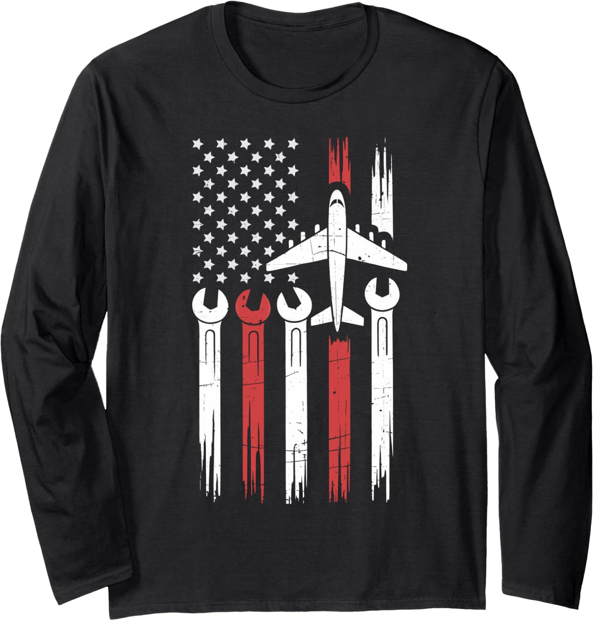 Aircraft Mechanic Aviation Maintenance USA American Flag Long Sleeve T-Shirt - Adult Unisex Black