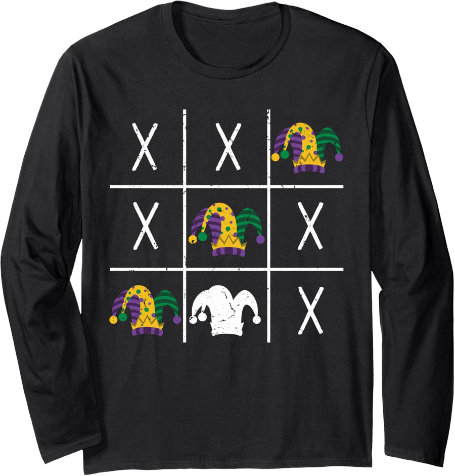 Mardi Gras Jester Hat Tic-Tac-Toe XO-XO Fun 2023 Mardi Gras Long Sleeve T-Shirt - Adult Unisex Black
