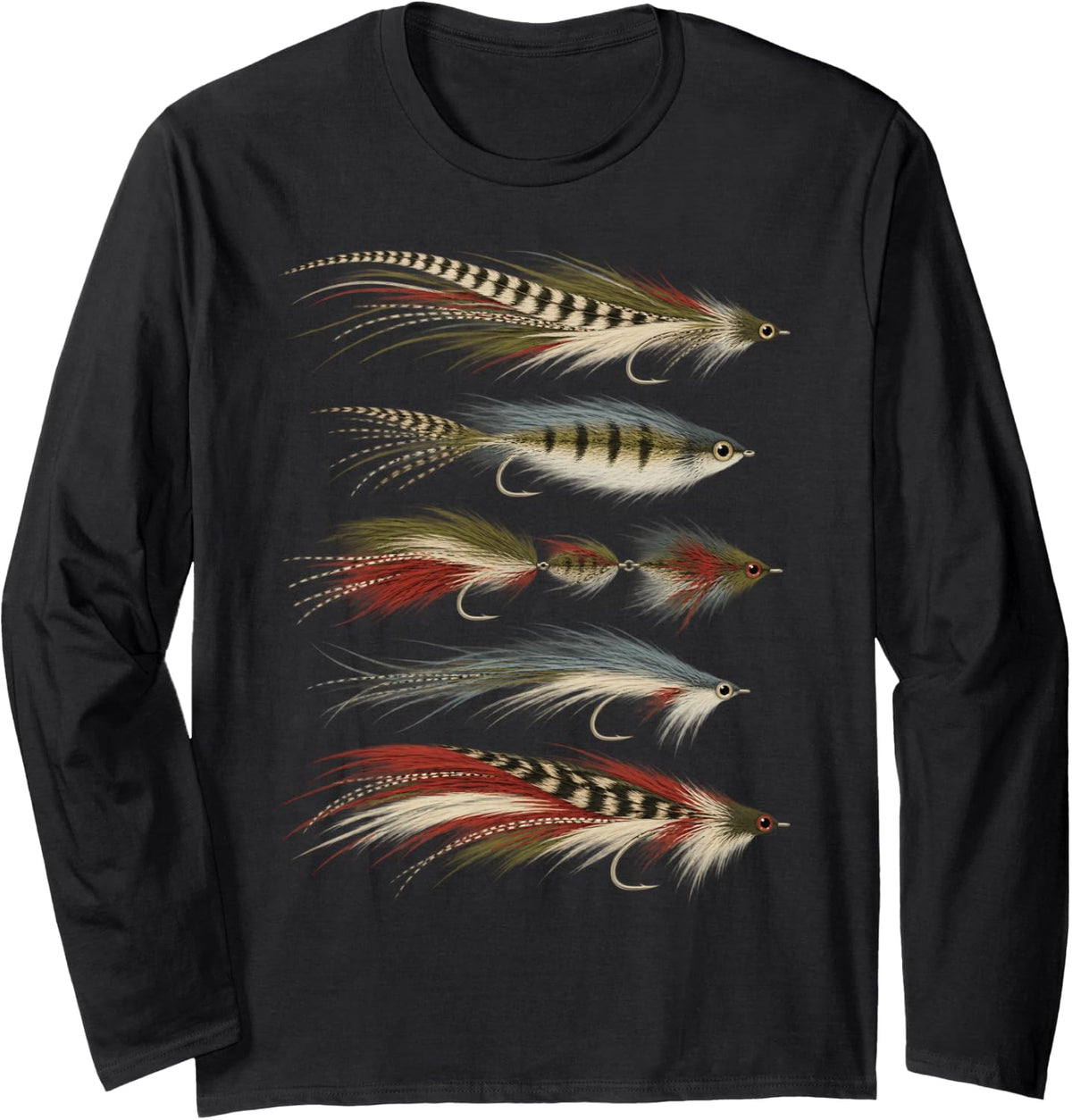 Streamer Fly Collection Feather Fly Fishing Angler Art Long Sleeve T-Shirt - Adult Unisex Black