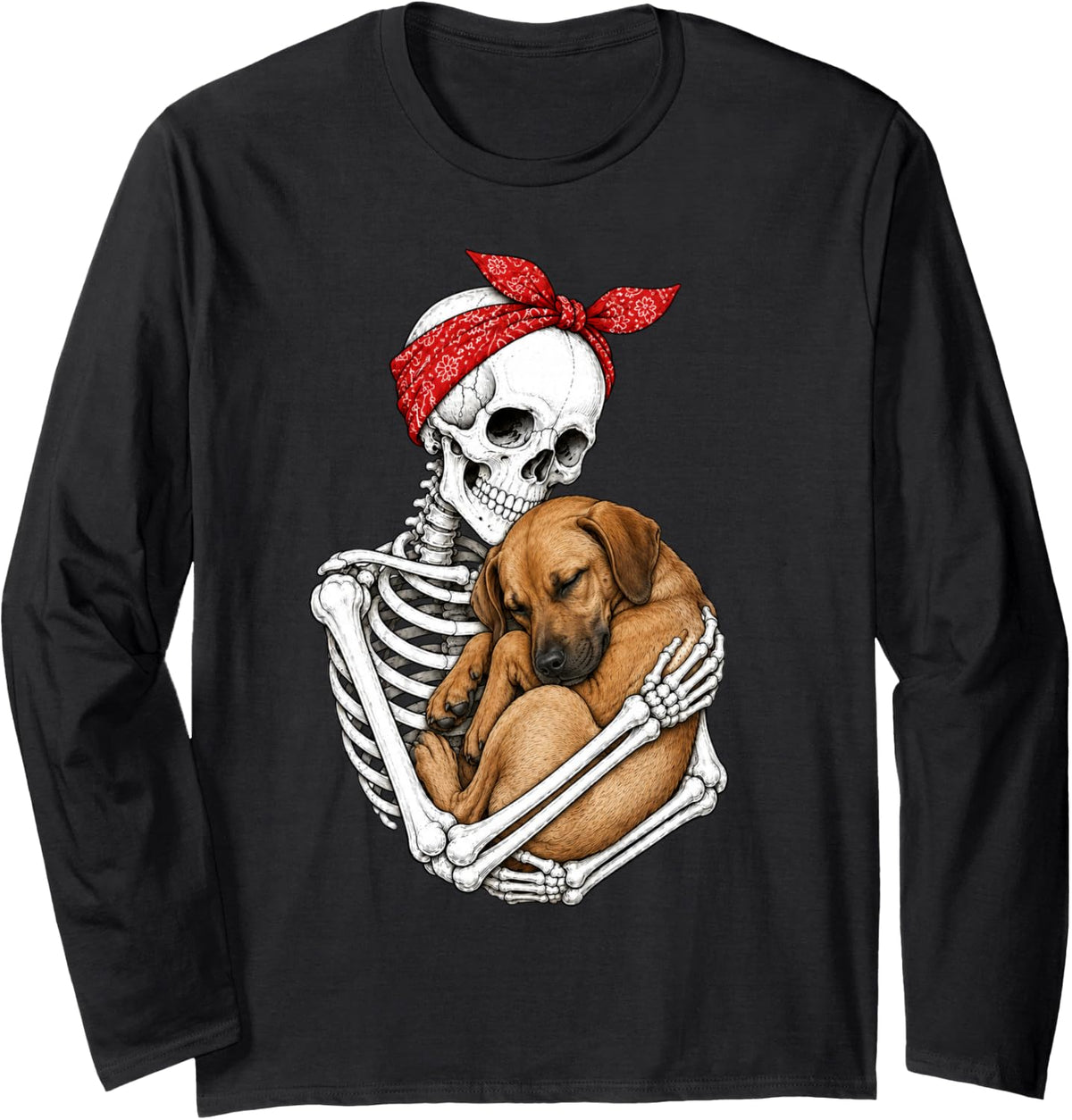 Skeleton Holding Rhodesian Ridgeback Dog Funny Lazy Long Sleeve T-Shirt - Adult Unisex Black