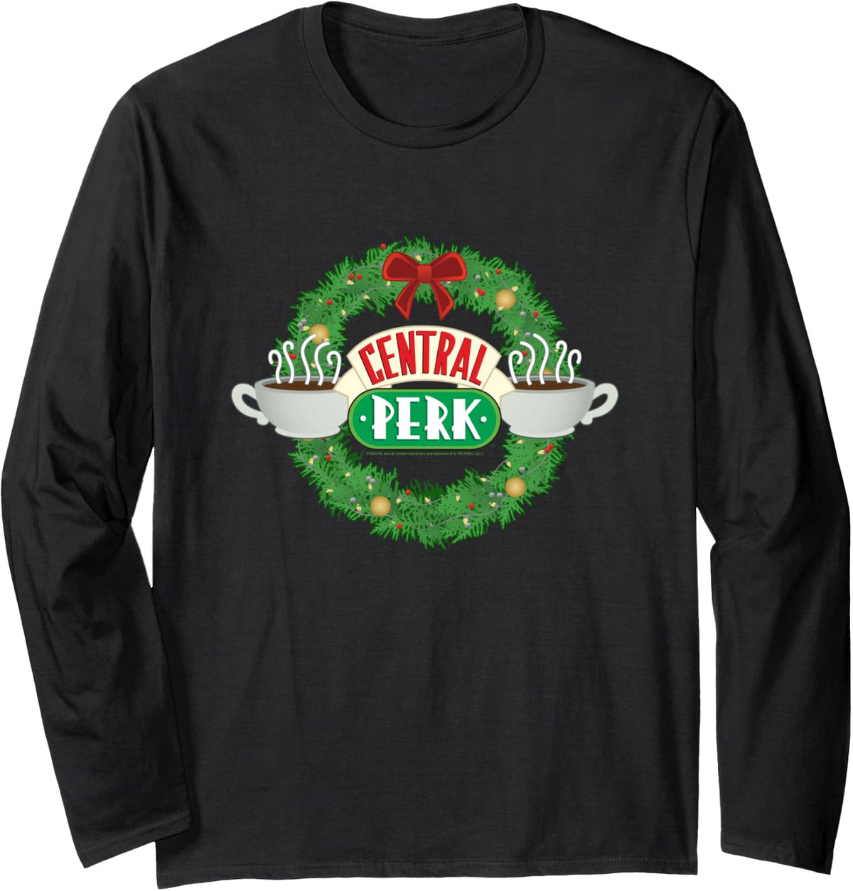 Friends Christmas at Central Perk Wreath TV Show Long Sleeve T-Shirt - Adult Unisex Black
