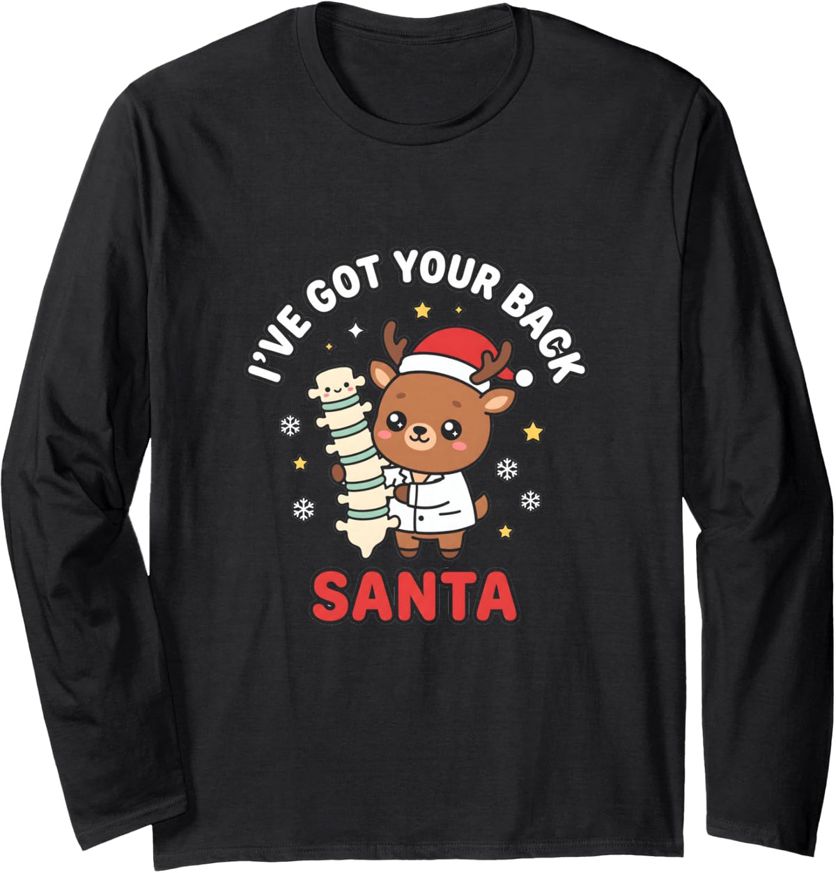 Chiropractor Reindeer Santa Back Adjustment Christmas Long Sleeve T-Shirt - Adult Unisex Black