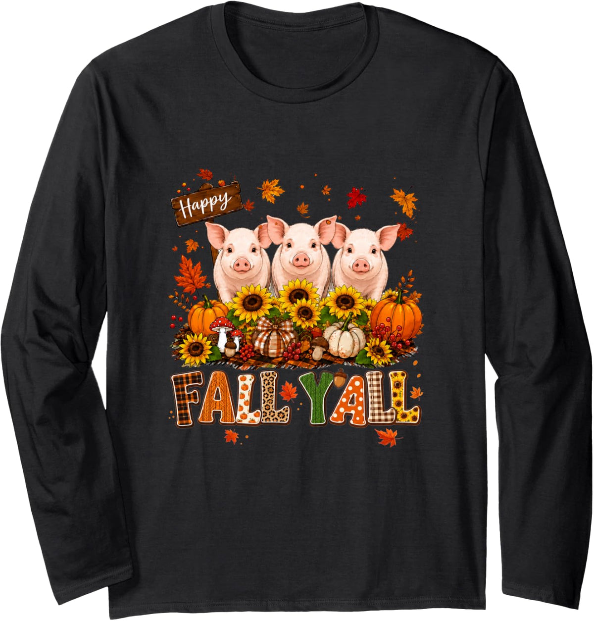 Fall Y'all Thanksgiving Leopard Pumpkins Three Cute Pigs Long Sleeve T-Shirt - Adult Unisex Black