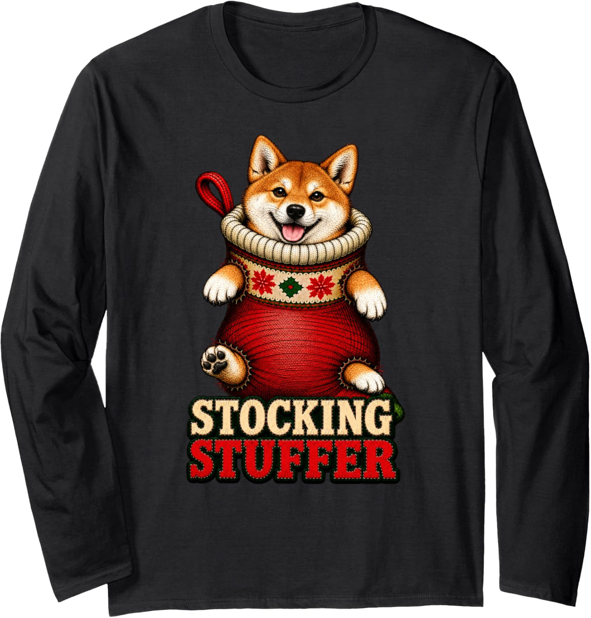 Shiba Inu Dog Christmas Stocking Stuffer Long Sleeve T-Shirt - Adult Unisex Black