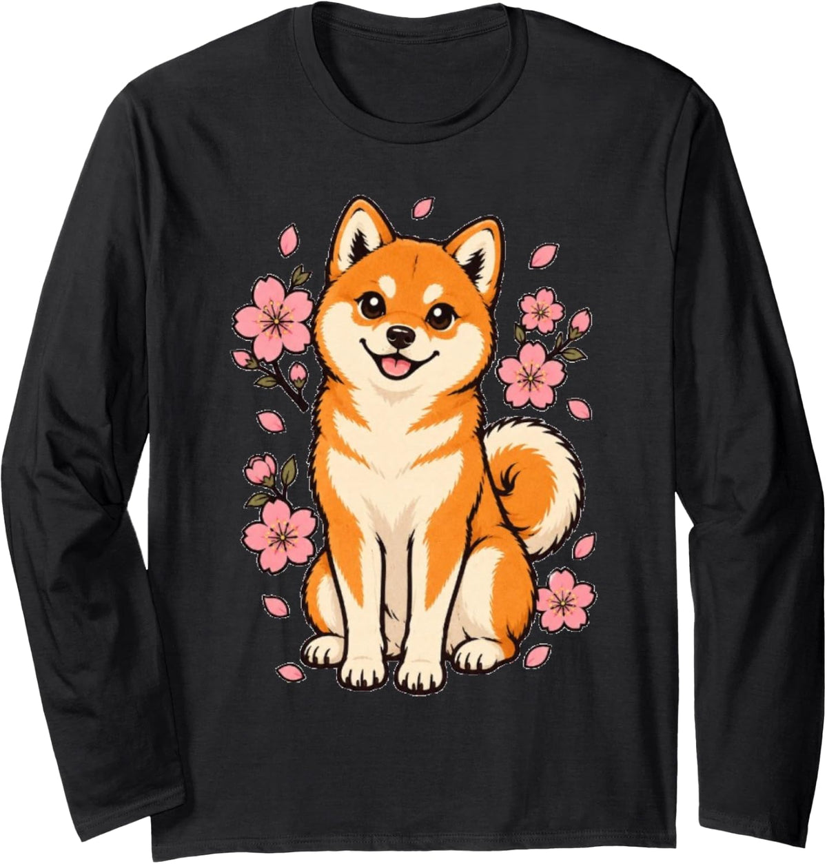 Cute Shiba Inu Japanese Dog with Cherry Blossoms Long Sleeve T-Shirt - Adult Unisex Black