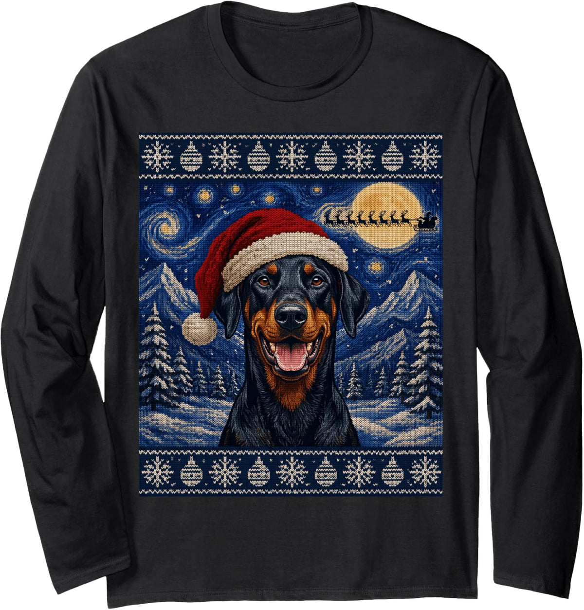 Doberman Pinscher Dog Santa Ugly Christmas Long Sleeve T-Shirt - Adult Unisex Black