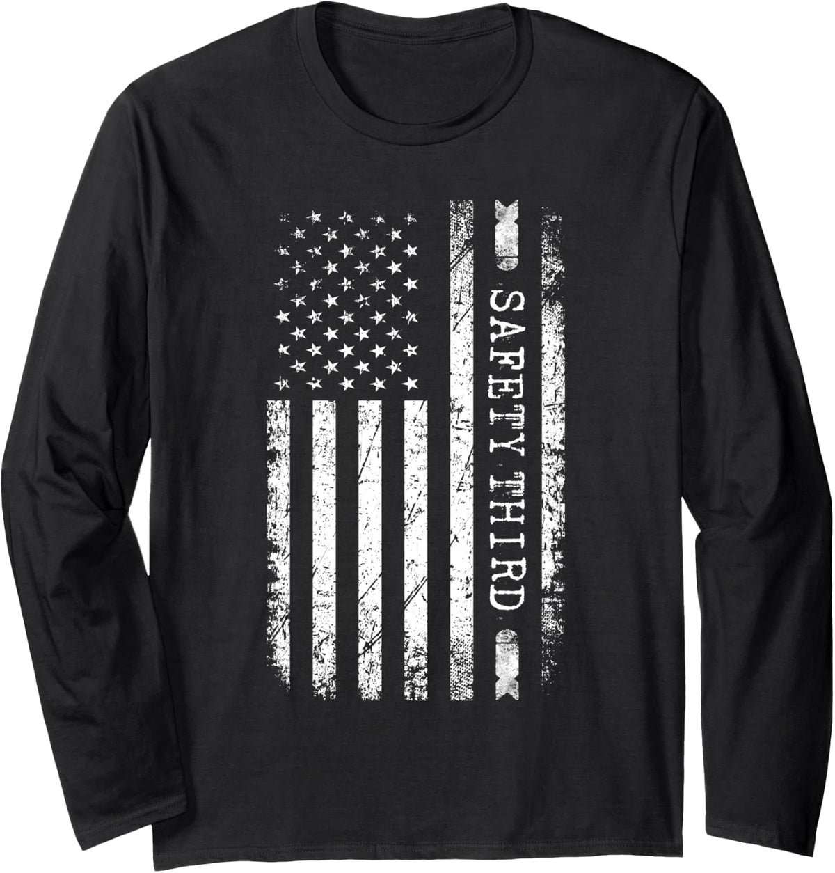Funny 4th of July Patriotic Fireworks Safety Third USA Flag Long Sleeve T-Shirt - Adult Unisex Black