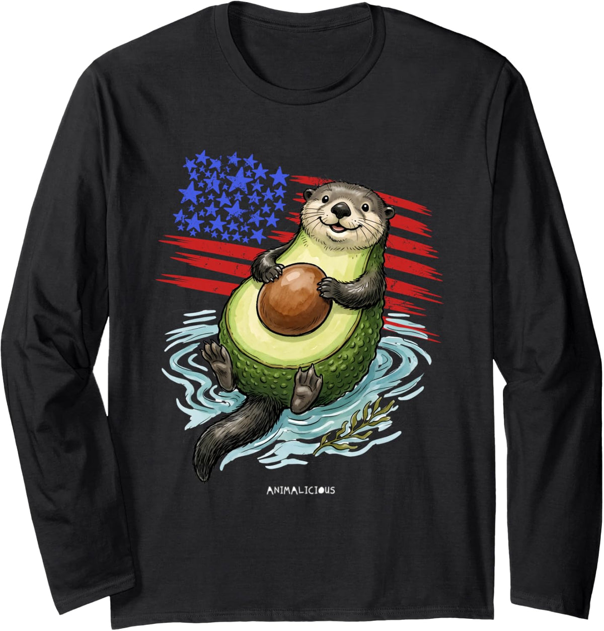 California Funny SEA Otter with Avocado Long Sleeve T-Shirt - Adult Unisex Black