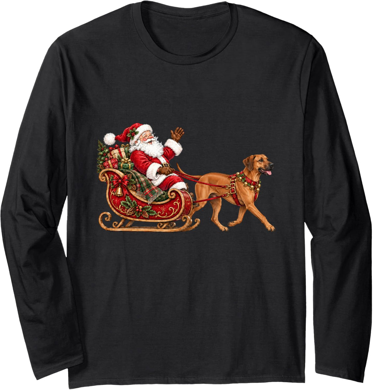 Rhodesian Ridgeback Christmas Santa Sleigh Holiday Dog Long Sleeve T-Shirt - Adult Unisex Black