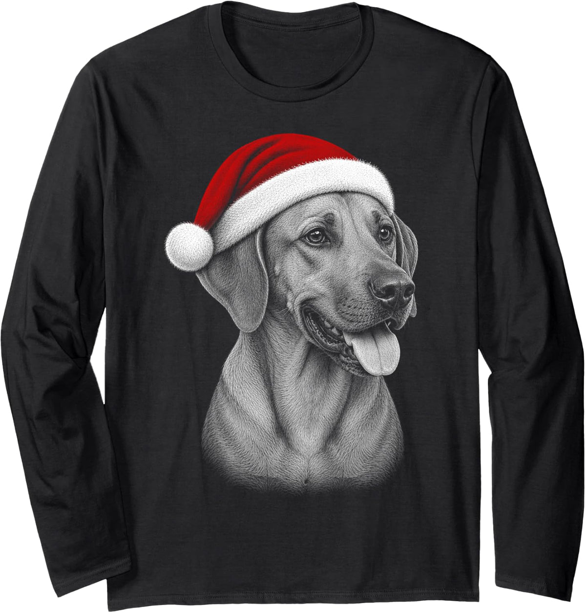Rhodesian Ridgeback - Cute Dog with Red Christmas Hat Long Sleeve T-Shirt - Adult Unisex Black