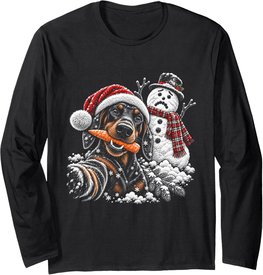 Doberman Pinscher Christmas Selfie Stole The Snowman Funny Long Sleeve T-Shirt - Adult Unisex Black
