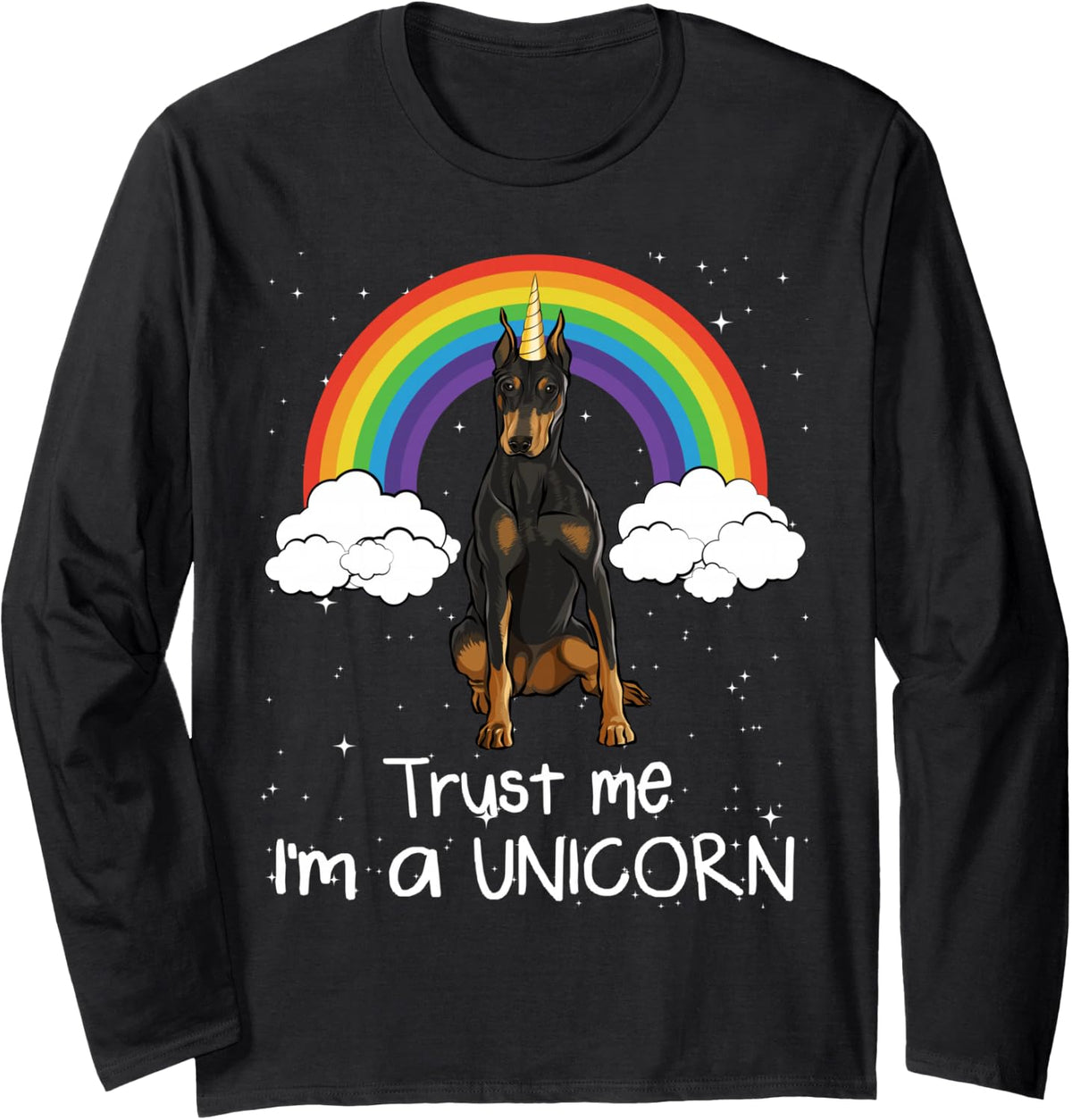 Rainbow Magic Unicorn Doberman Long Sleeve T-Shirt - Adult Unisex Black