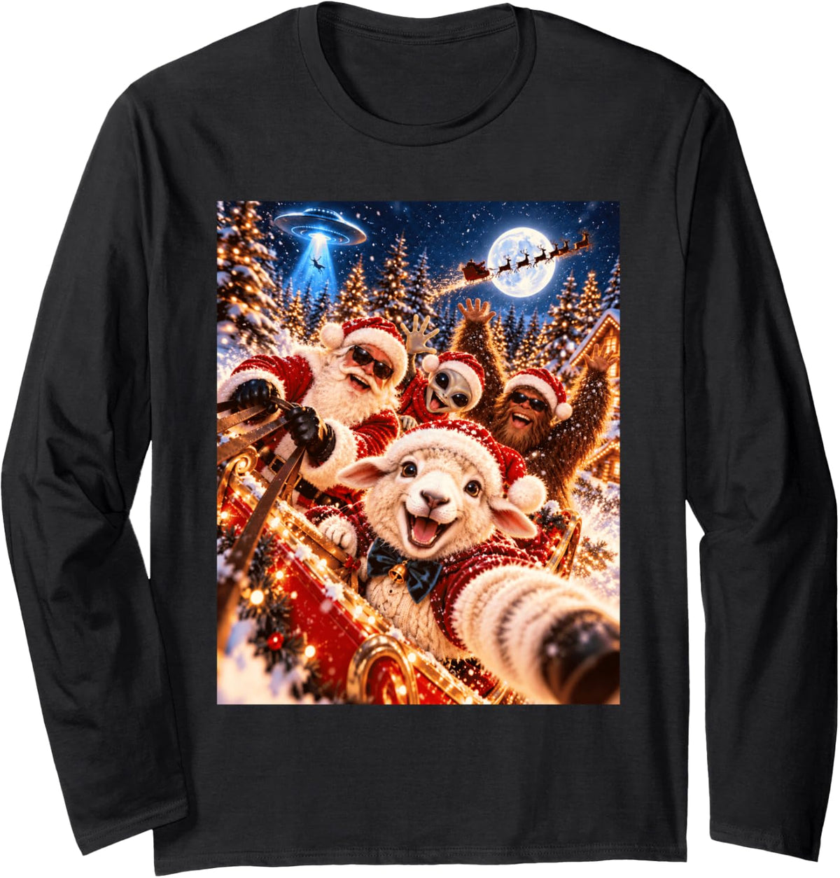Playful Sheep Santa Christmas Selfie UFO Graphic Long Sleeve T-Shirt - Adult Unisex Black