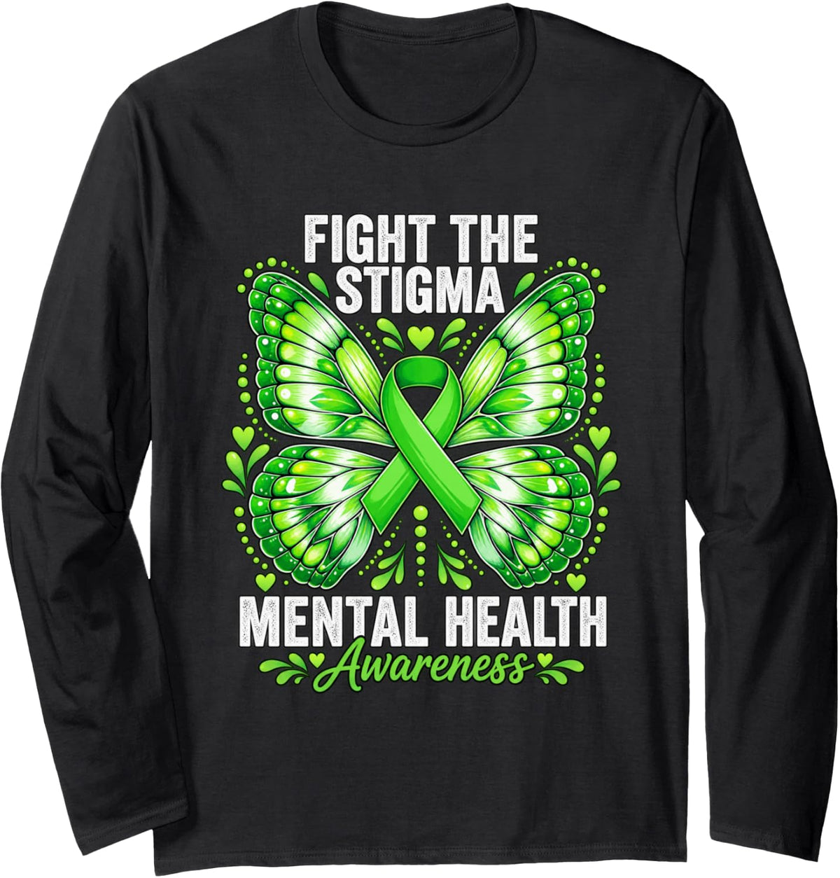 Fight the Stigma Mental Health Awareness Month Butterfly Long Sleeve T-Shirt - Adult Unisex Black