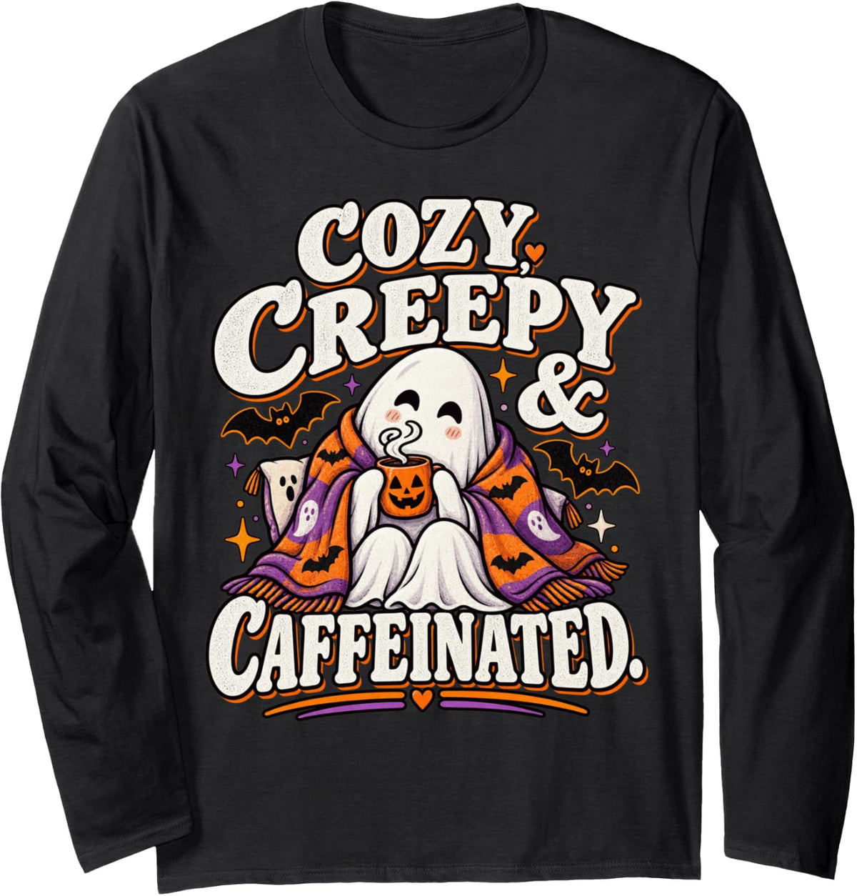 Cozy Creepy & Caffeinated Funny Halloween Ghost Coffee Lover Long Sleeve T-Shirt - Adult Unisex Black
