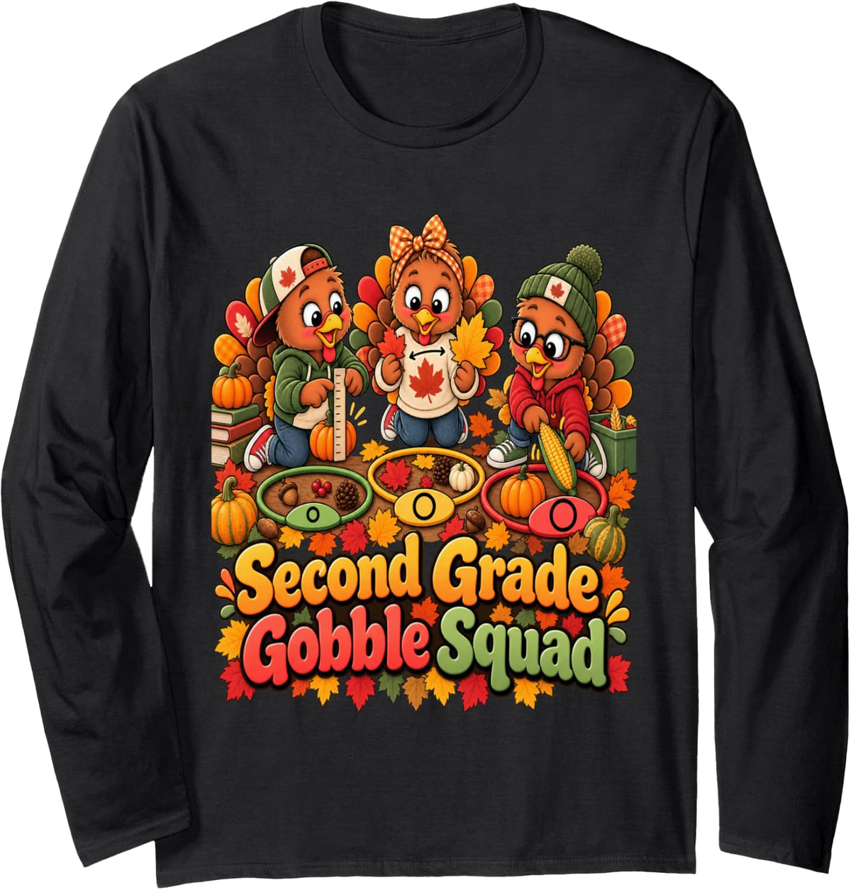 Turkey 2nd Grade Thanksgiving Second Grade Gobble Squad Long Sleeve T-Shirt - Adult Unisex Black