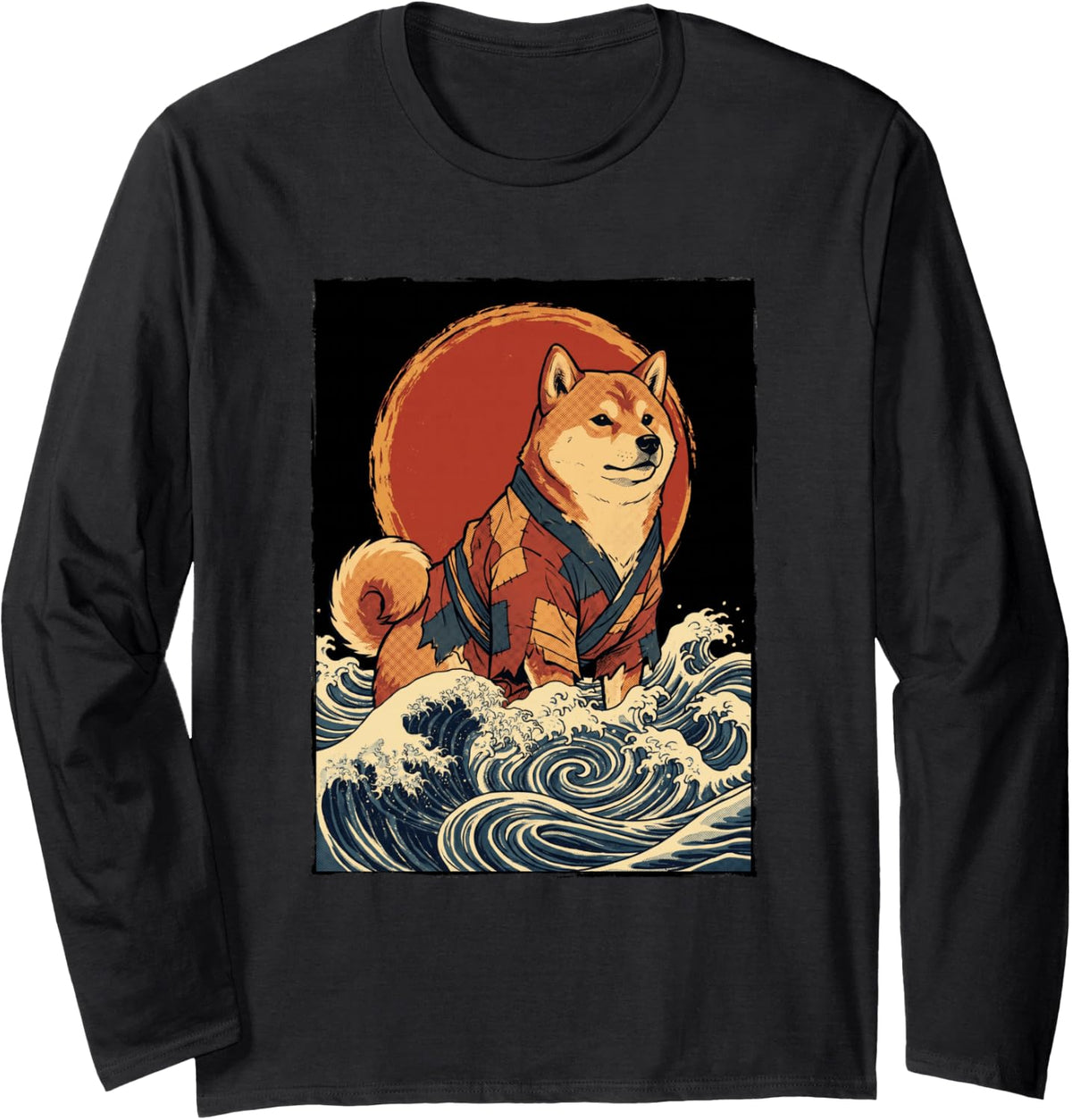 Samurai Shiba Inu Japanese Ocean Wave Dog Long Sleeve T-Shirt - Adult Unisex Black