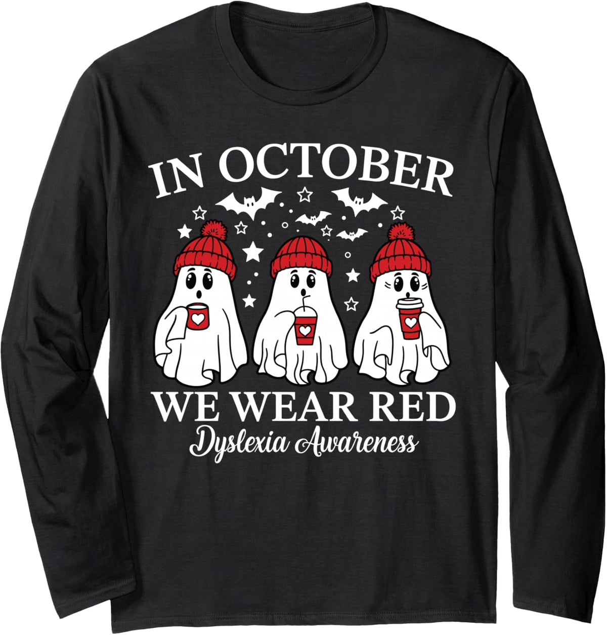 in October We Wear Red Dyslexia Awareness Ghost Halloween Long Sleeve T-Shirt - Adult Unisex Black