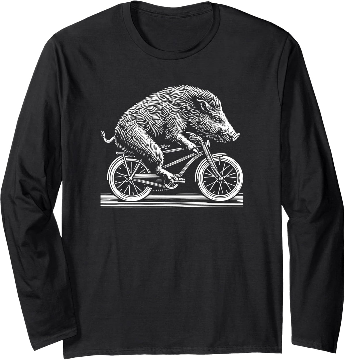 Wild Boar Hog Pig Bicycle Vintage Retro Biker Illustration Long Sleeve T-Shirt - Adult Unisex Black