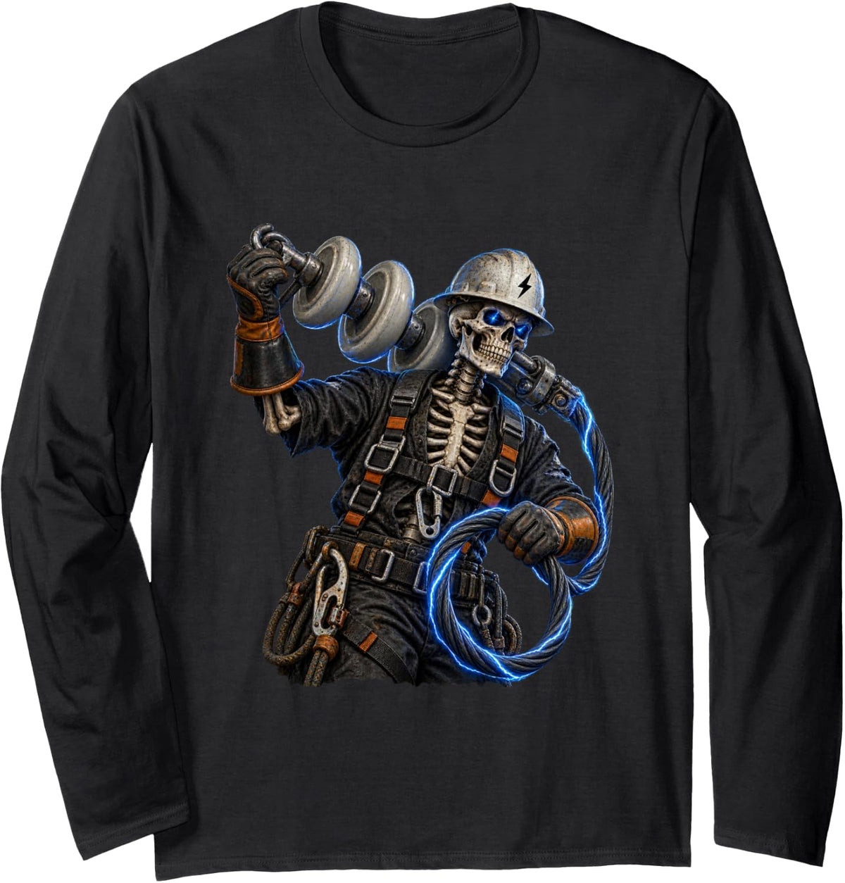 Scary Skeleton Lineman Design for Lineworkers and Lineman Long Sleeve T-Shirt - Adult Unisex Black