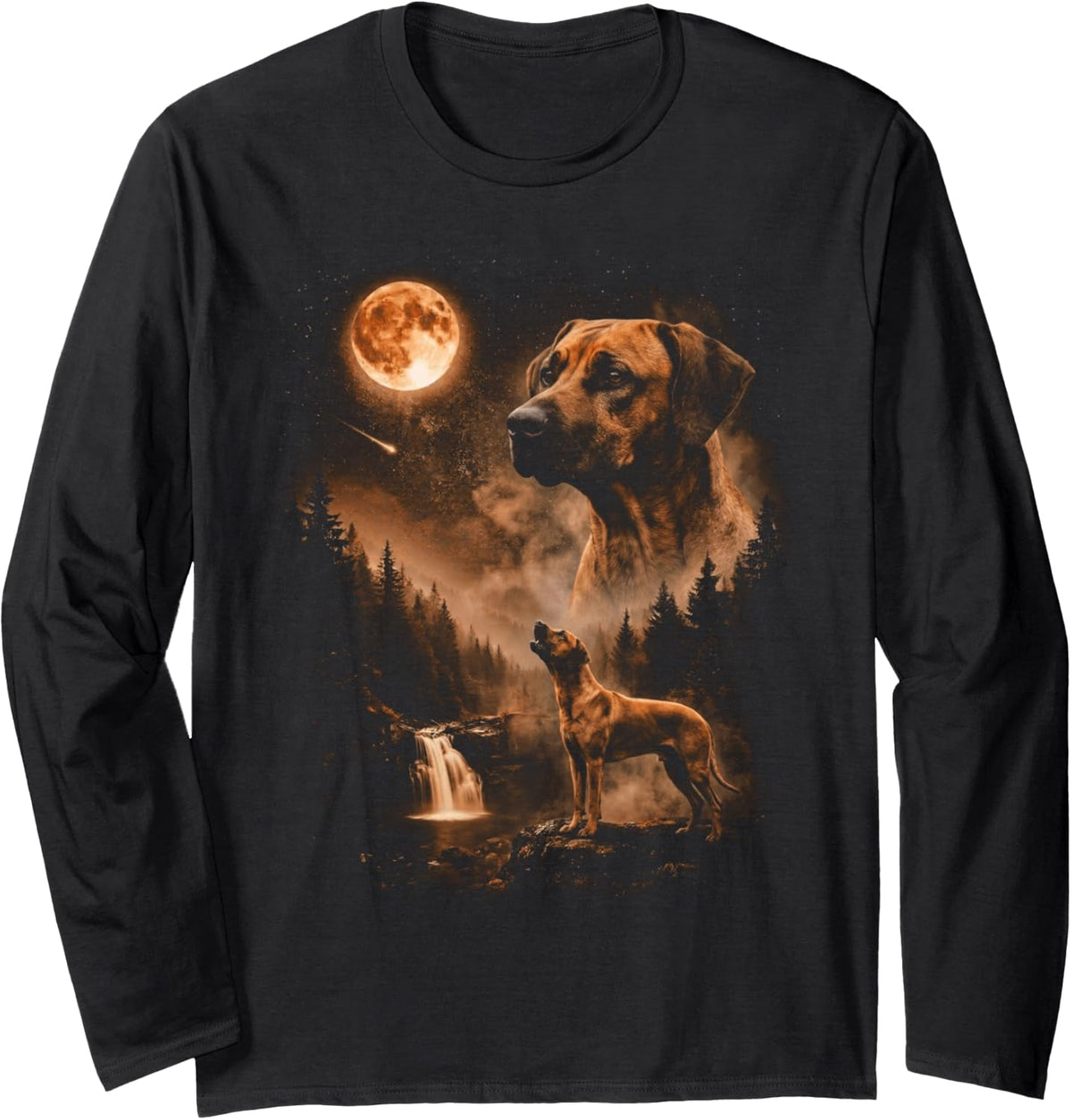 Rhodesian Ridgeback Howling Moon Animal Pine Forest Night Long Sleeve T-Shirt - Adult Unisex Black