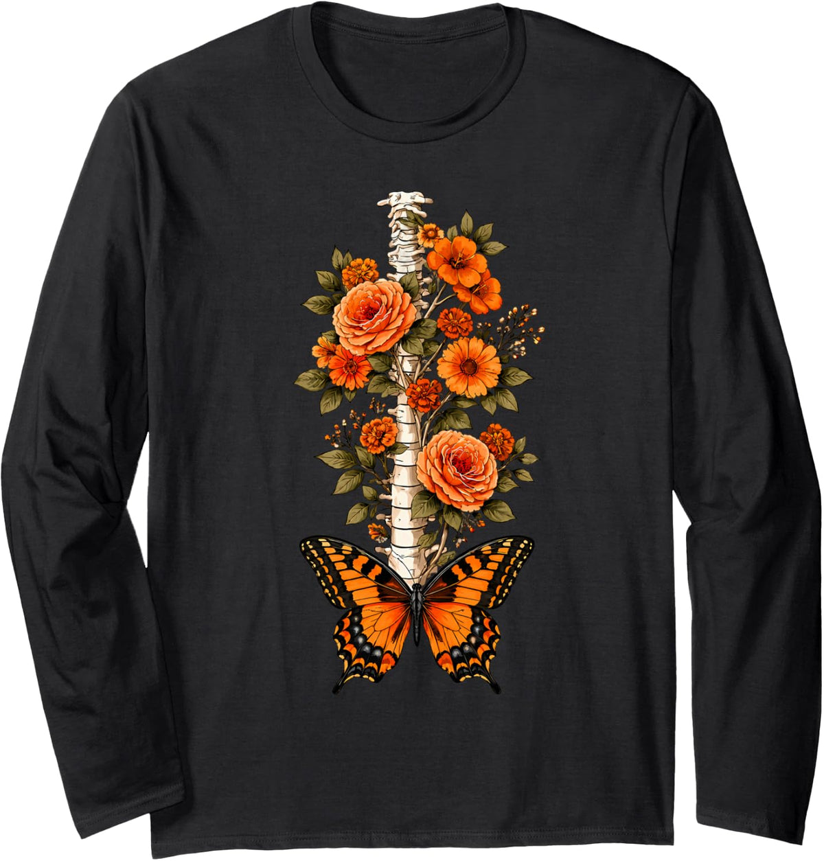 Floral Spine Skeleton Chiropractor Funny Halloween Long Sleeve T-Shirt - Adult Unisex Black