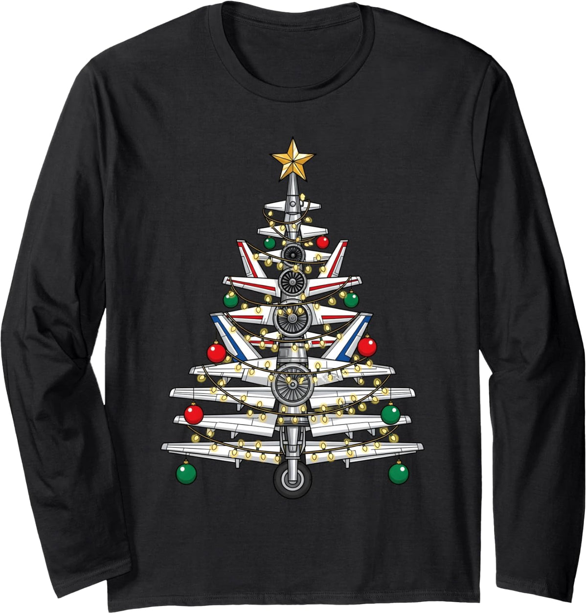 Airplane Christmas Tree Men Women Pilot Aircraft Aviation Long Sleeve T-Shirt - Adult Unisex Black
