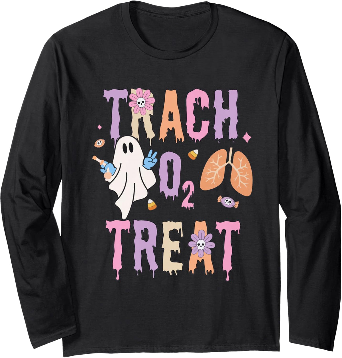 Trach or Treat Halloween Respiratory Therapist Pulmonary Long Sleeve T-Shirt - Adult Unisex Black