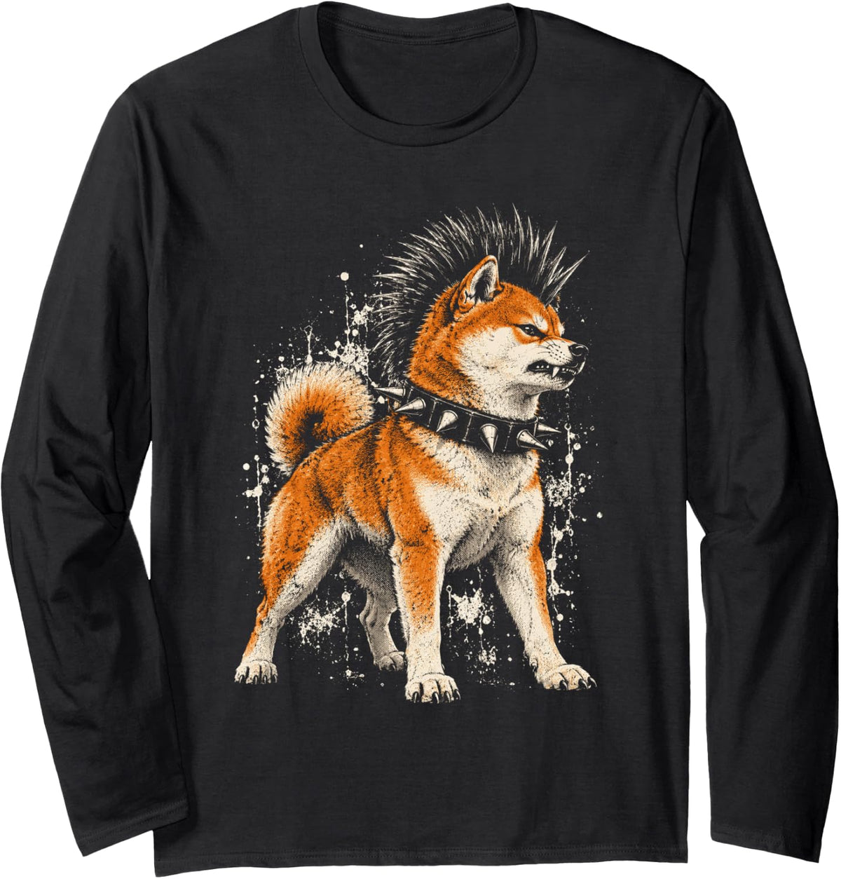 Punk Shiba Inu Funny Mohawk Dog Rock Grunge Long Sleeve T-Shirt - Adult Unisex Black