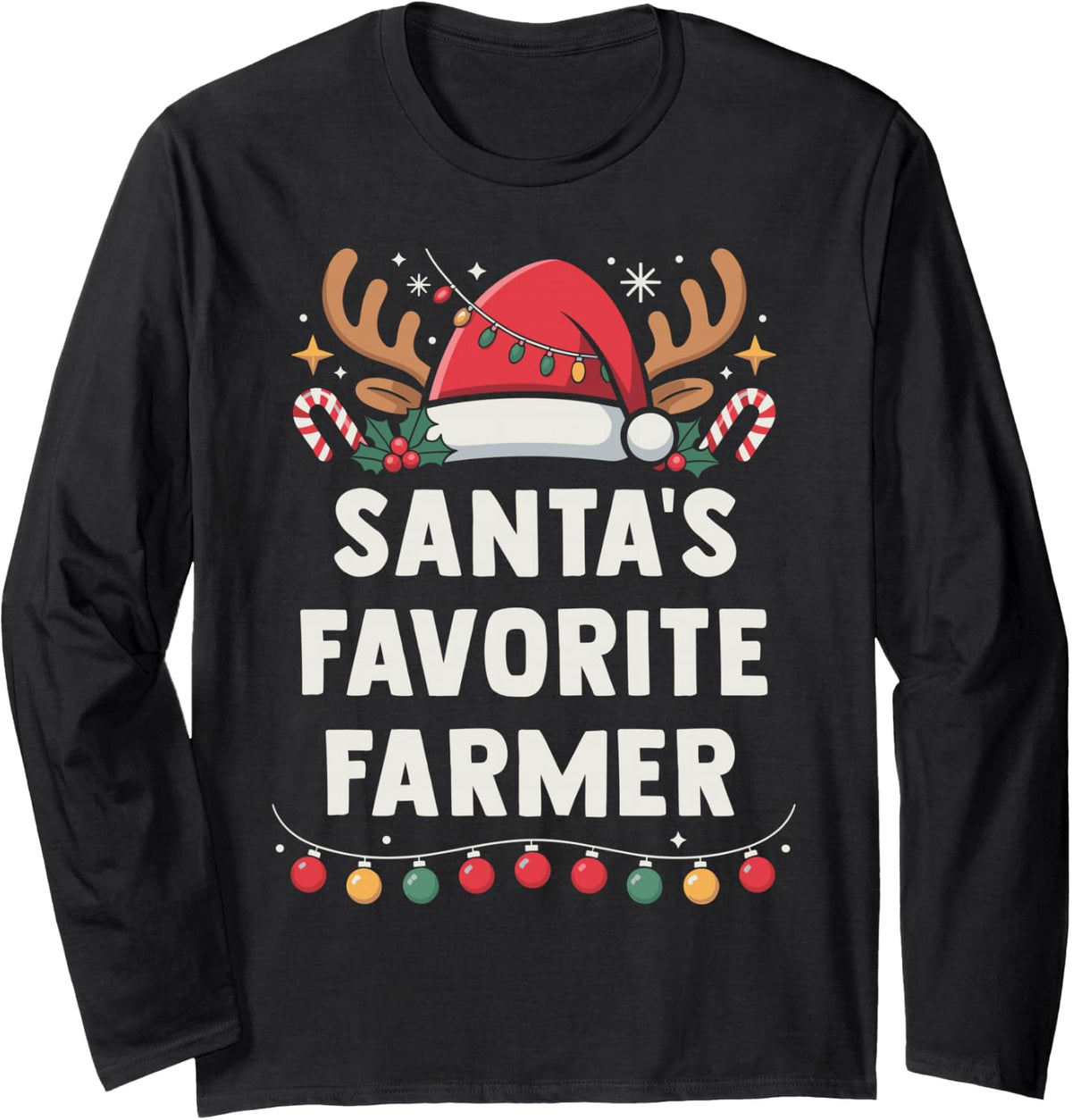 Santa's Favorite Farmer Funny Holiday Christmas Pajamas Long Sleeve T-Shirt - Adult Unisex Black
