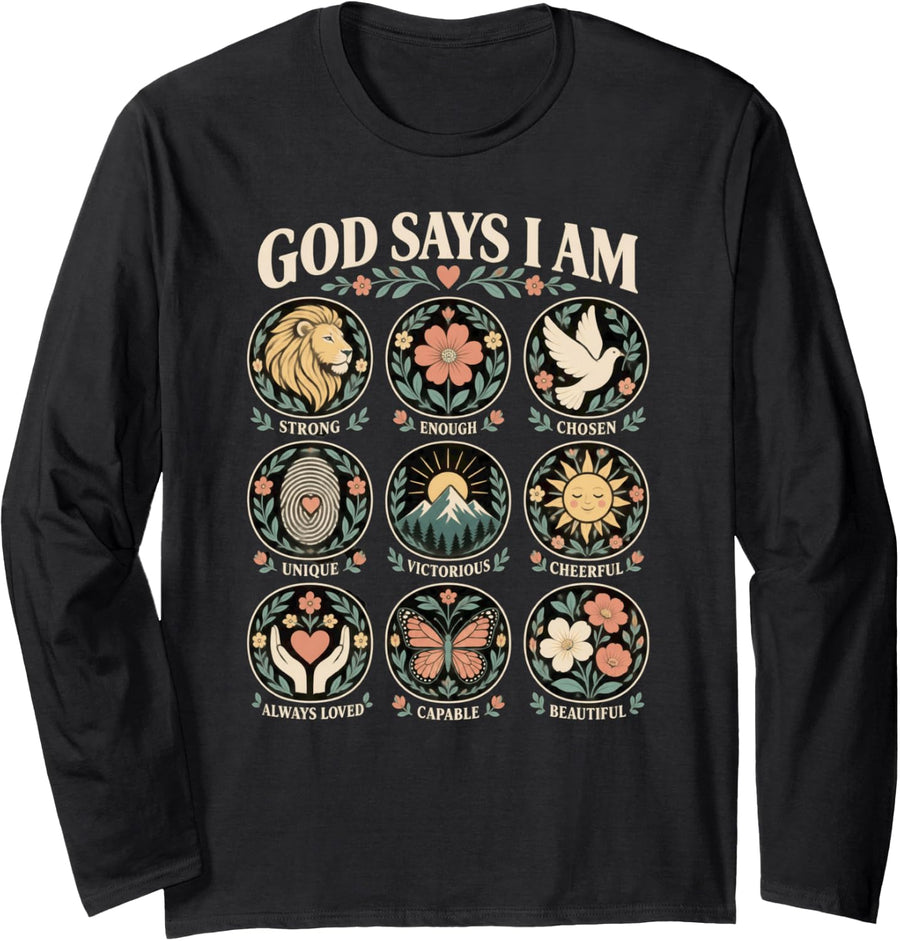 Christian Floral Faith Quote Lion Dove Butterfly Long Sleeve T-Shirt - Adult Unisex Black