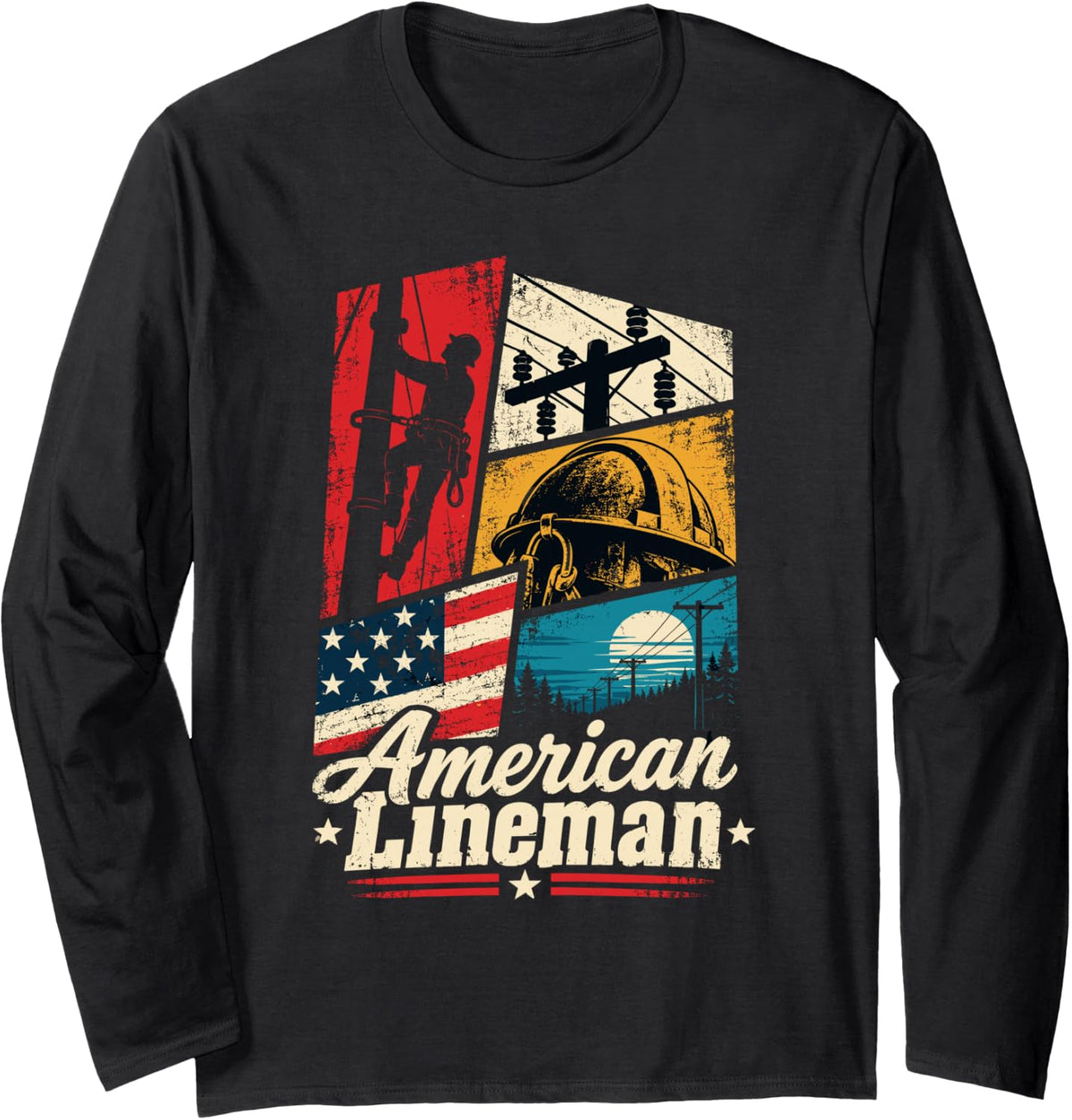 American Lineman Us Flag Power Lineman Long Sleeve T-Shirt - Adult Unisex Black