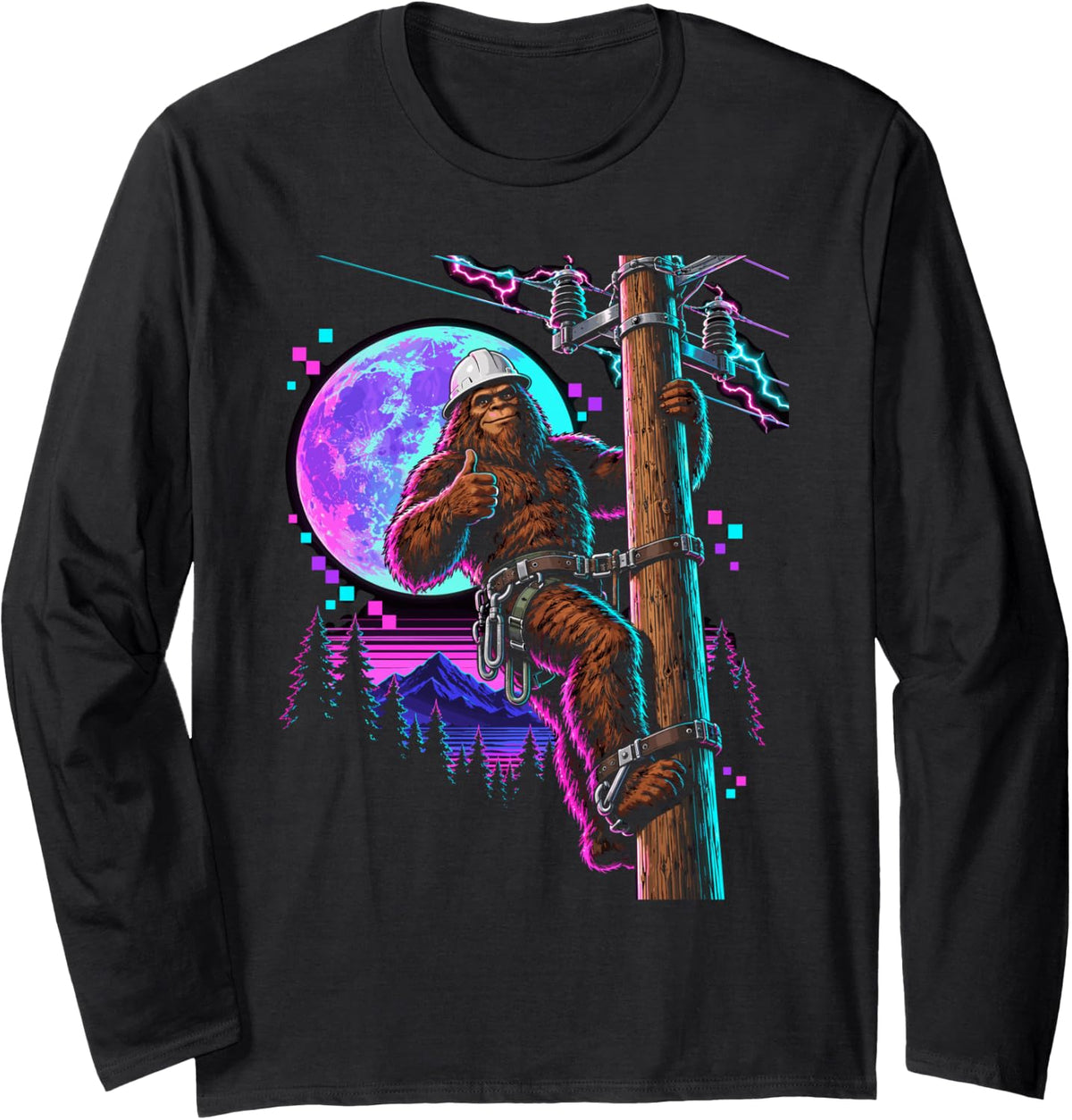 Funny Bigfoot Lineman Long Sleeve T-Shirt - Adult Unisex Black