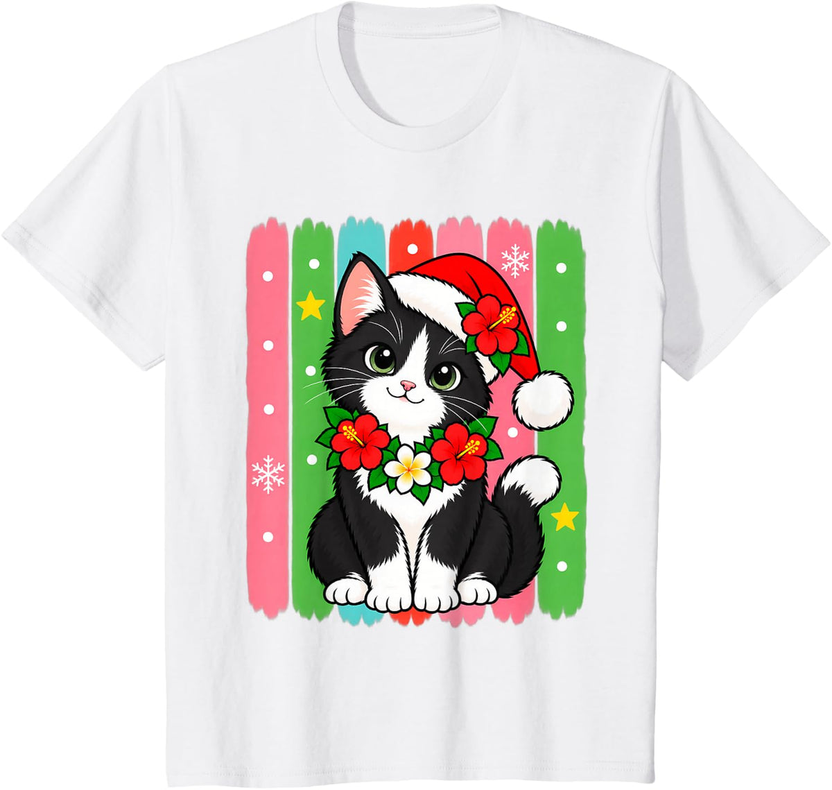 Tuxedo Cat Tropical Christmas Santa Hat Hibiscus Lei T-Shirt - White