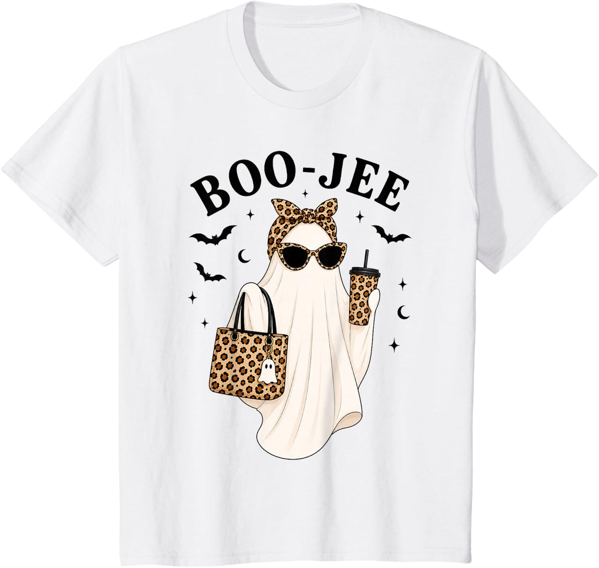 Boo JEE Ghost Halloween Leopard Print Coffee Lover Humor T-Shirt - White