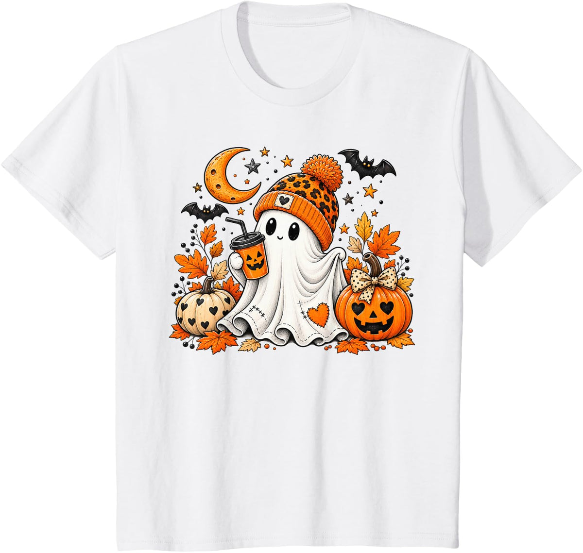 Cute Ghost Drinking Coffee Halloween Witch Hat Spooky Season T-Shirt - White